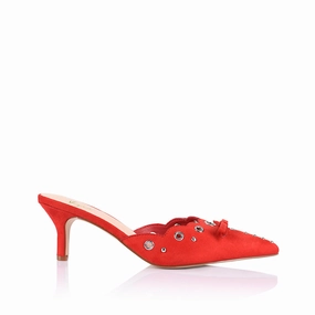 Ziggy Point Toe Kitten Heels - Red Micro High Heels Shoes With Laces