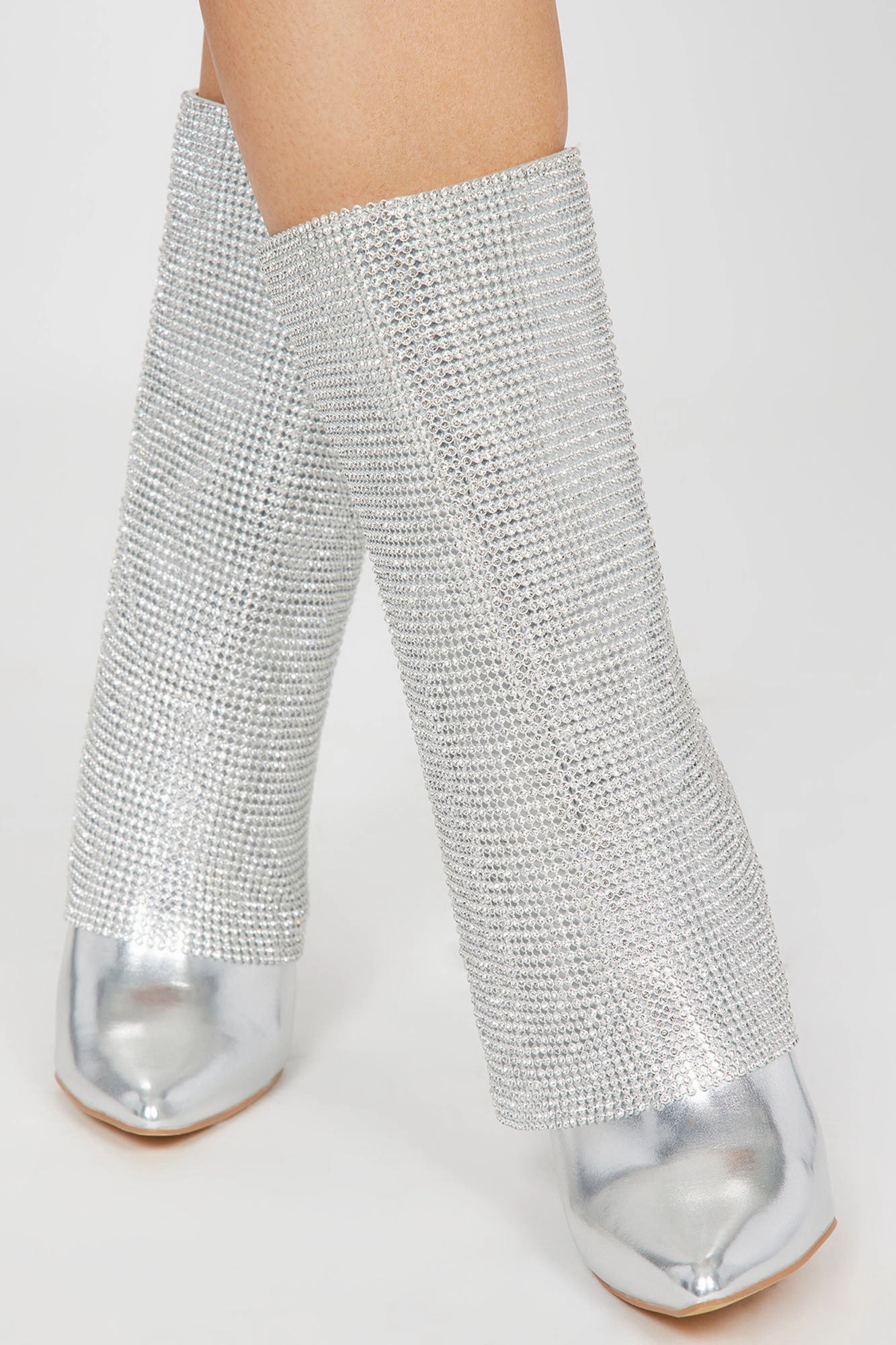 Demi Embellished Overlay Knee High Boots - Silver Knee High Furry Boots