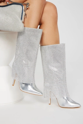 Best Knee High Wading Boots Demi Embellished Overlay Knee High Boots - Silver
