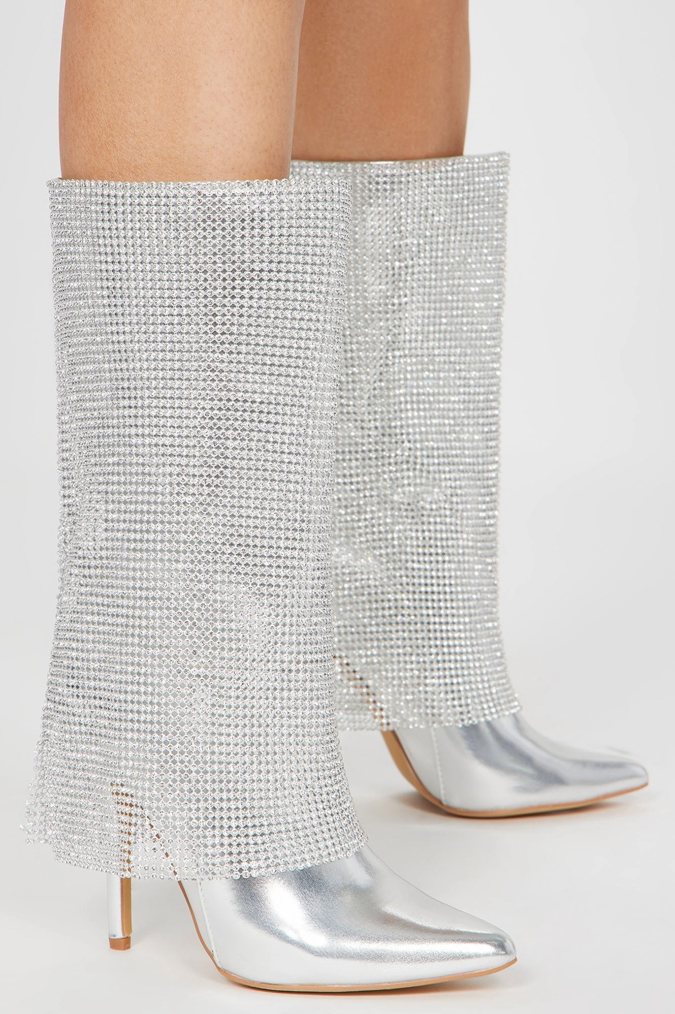 Sequin Knee High Boots Demi Embellished Overlay Knee High Boots - Silver