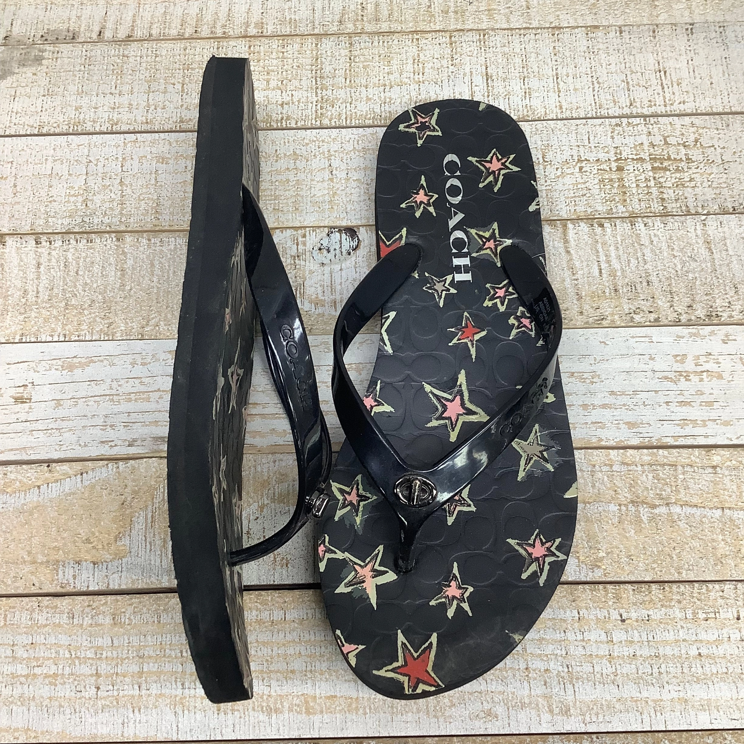 Ribbon Flip Flops Diy Black Sandals Flip Flops designer by Coach, Size 6