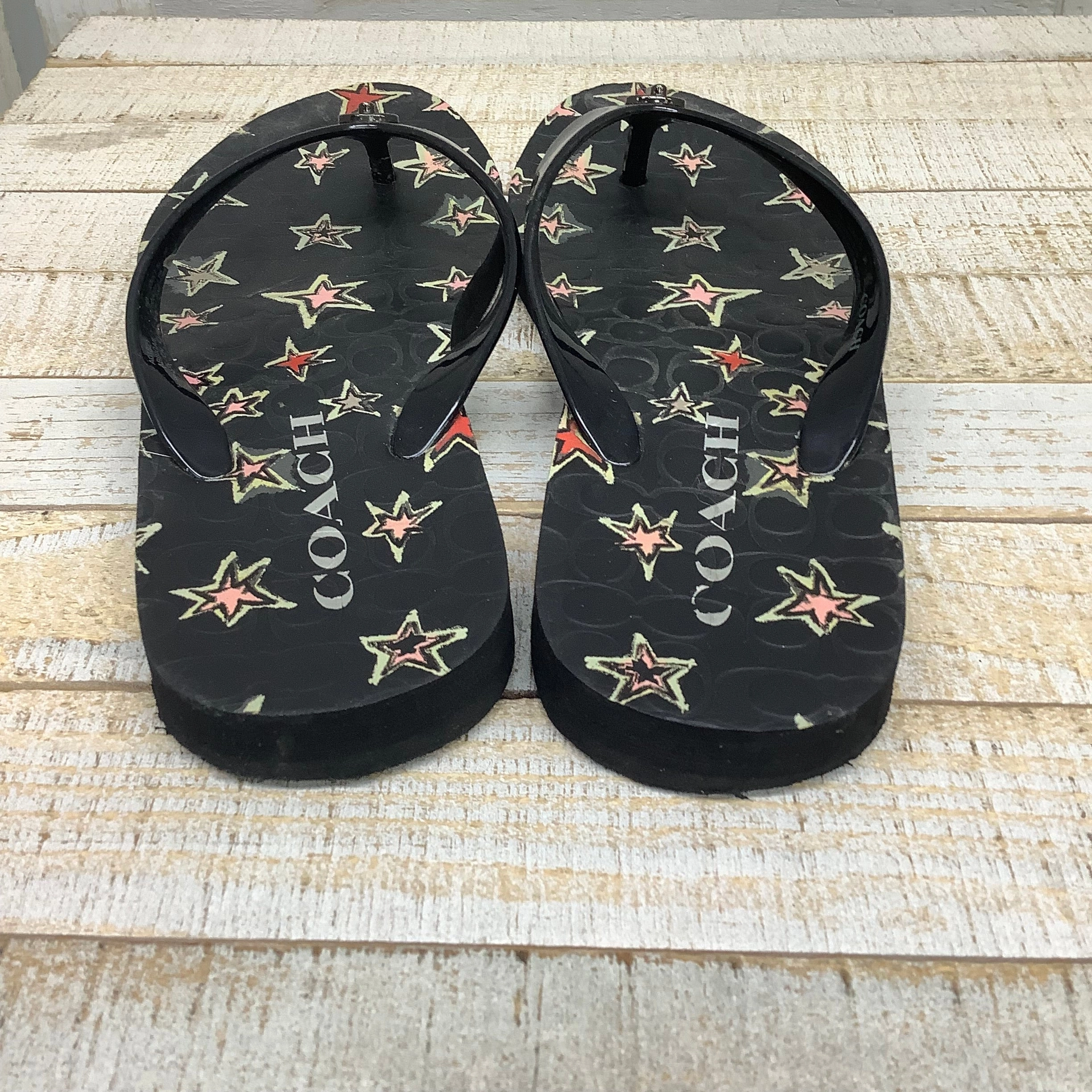 Applique Flip Flops Black Sandals Flip Flops designer by Coach, Size 6