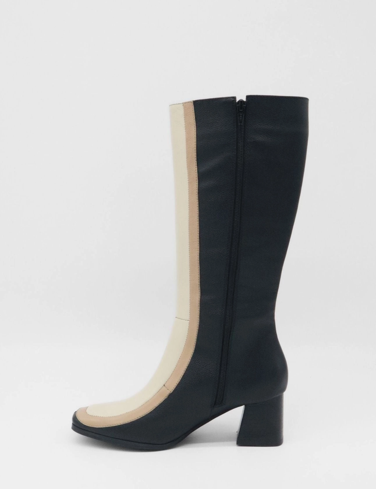 Revival knee high boots in black & off white leather womens shoes Band Knee High Boots