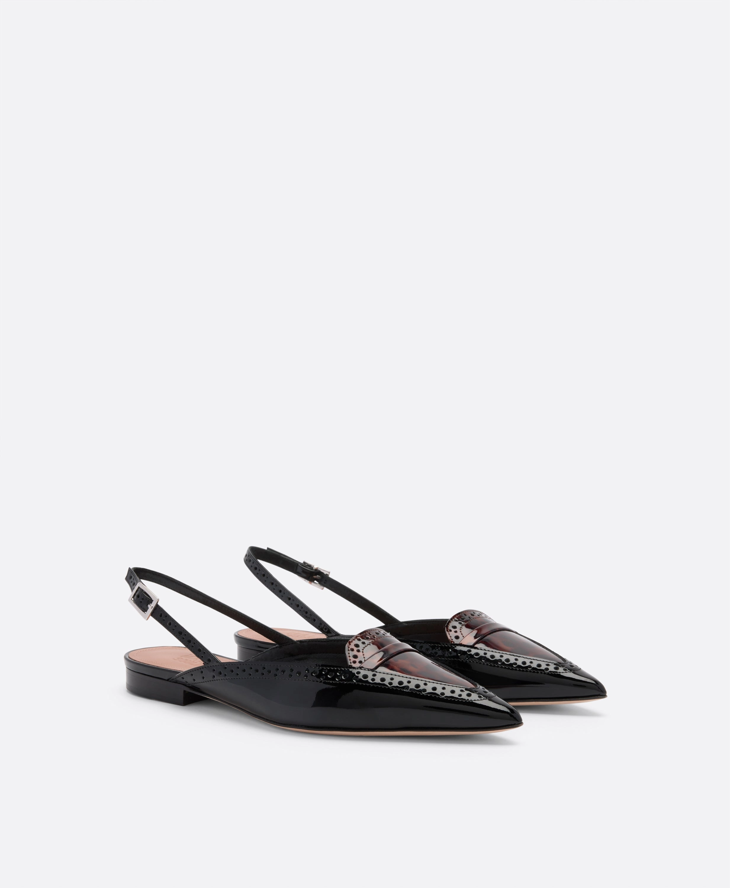 Laurie Black & Leopard Patent Flat Slingbacks Raffia Brogues