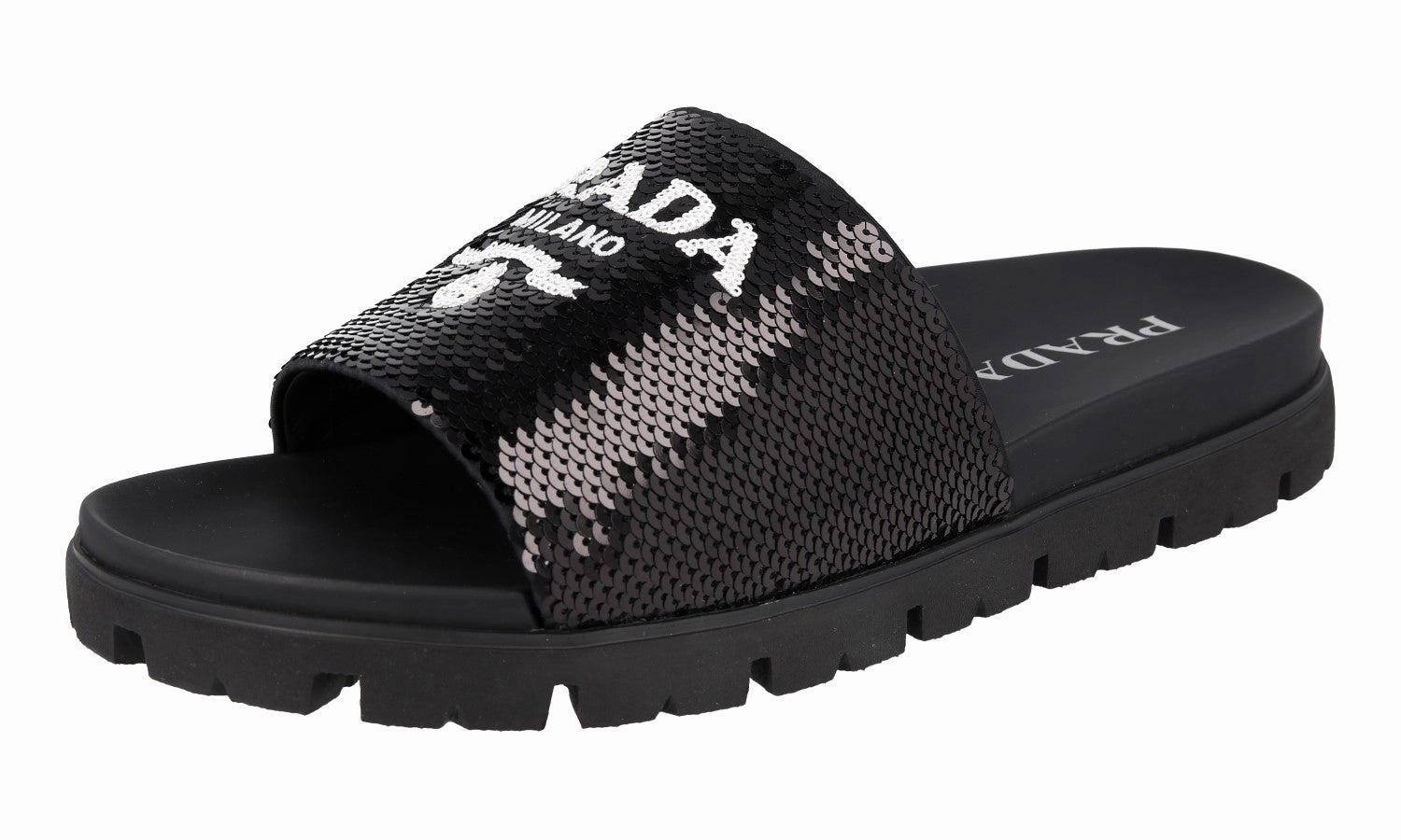 Christmas House Slippers Prada Men's Black Leather Sequins Runway Slides Sandals 2X3067