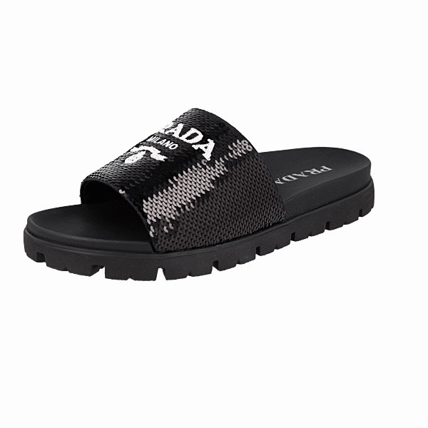 Back Open Slippers Prada Men's Black Leather Sequins Runway Slides Sandals 2X3067