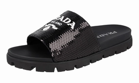 Prada Men's Black Leather Sequins Runway Slides Sandals 2X3067 Real Wool Slippers