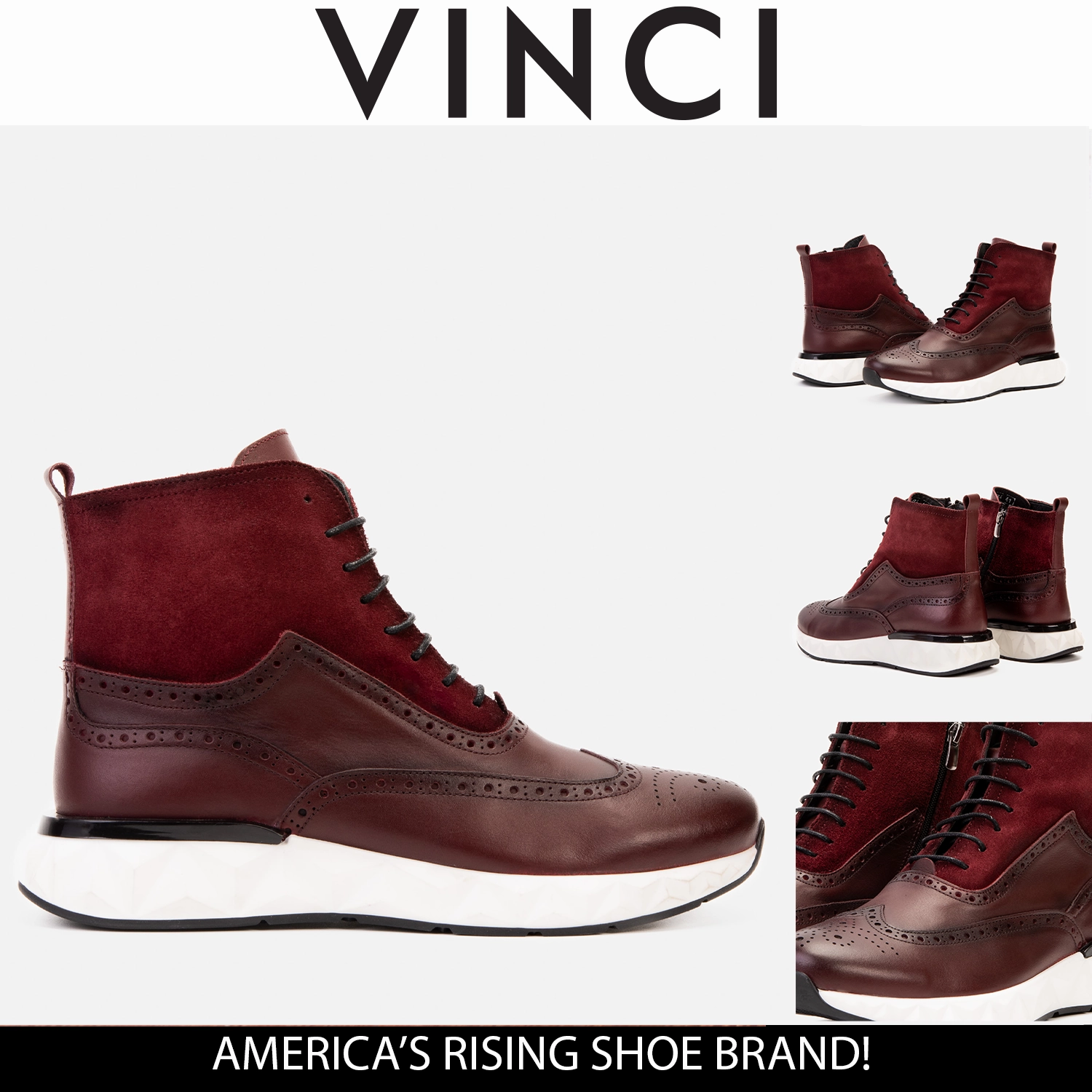 Bison Boots The Regent Burgundy Leather Wingtip Brogue Men Casual Boot