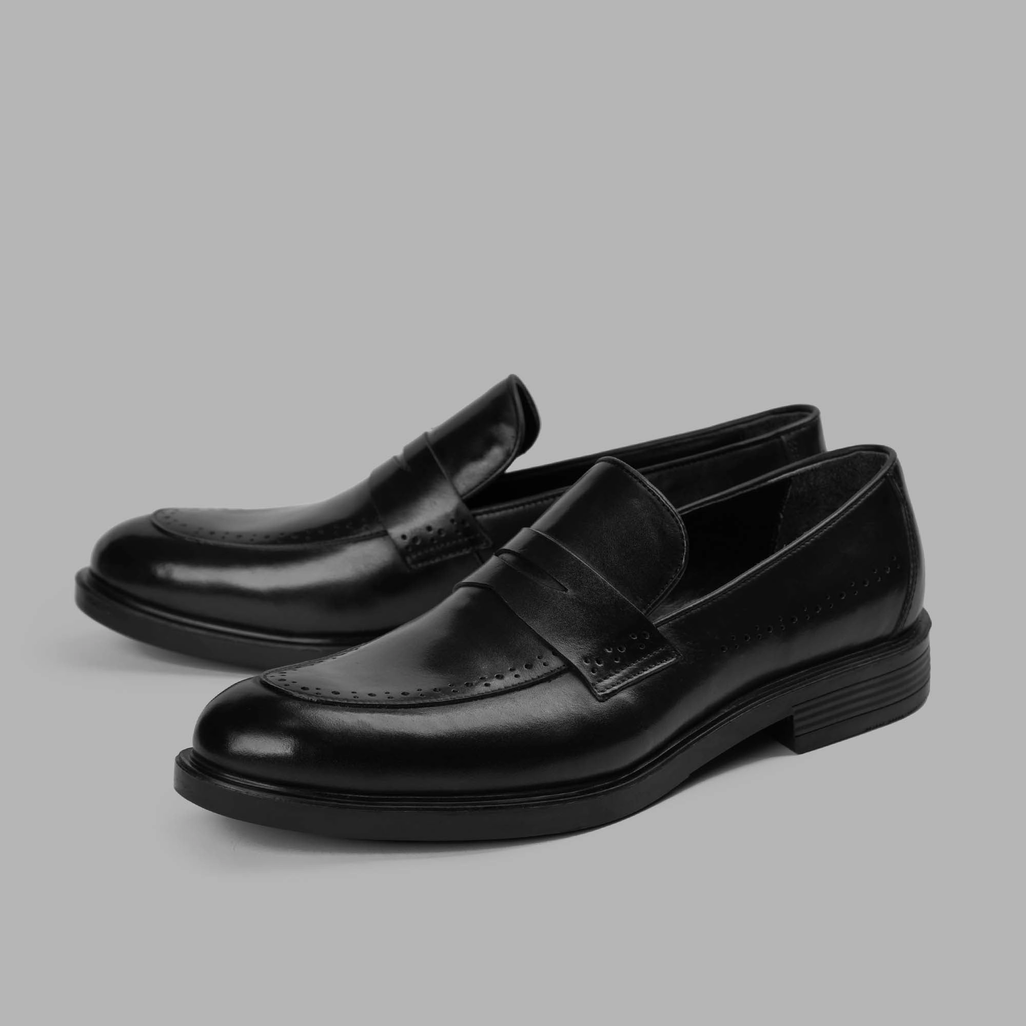 College Loafer Shoes - Black Round Derby Shoes