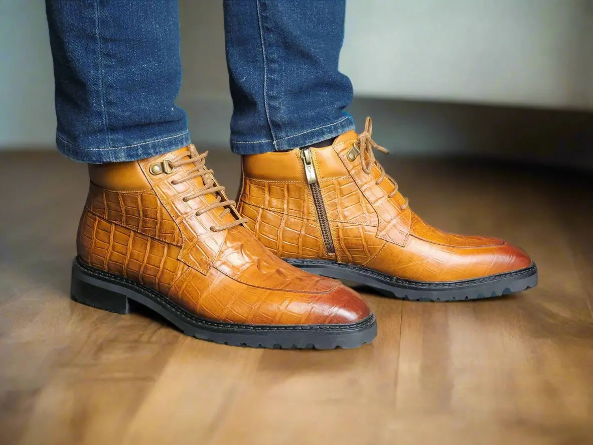 Men's Lace-up Boots Alligator Embossed Winter Boots With Spikes