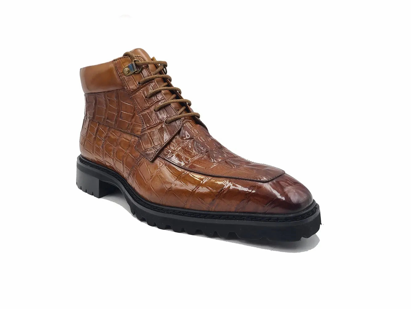 Wide Mid Calf Boots Men's Lace-up Boots Alligator Embossed