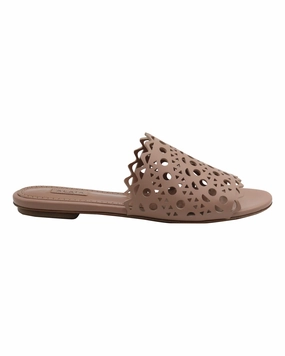 Alaia Laser-Cut Slides in Beige Calfskin Leather Deadlift Slippers