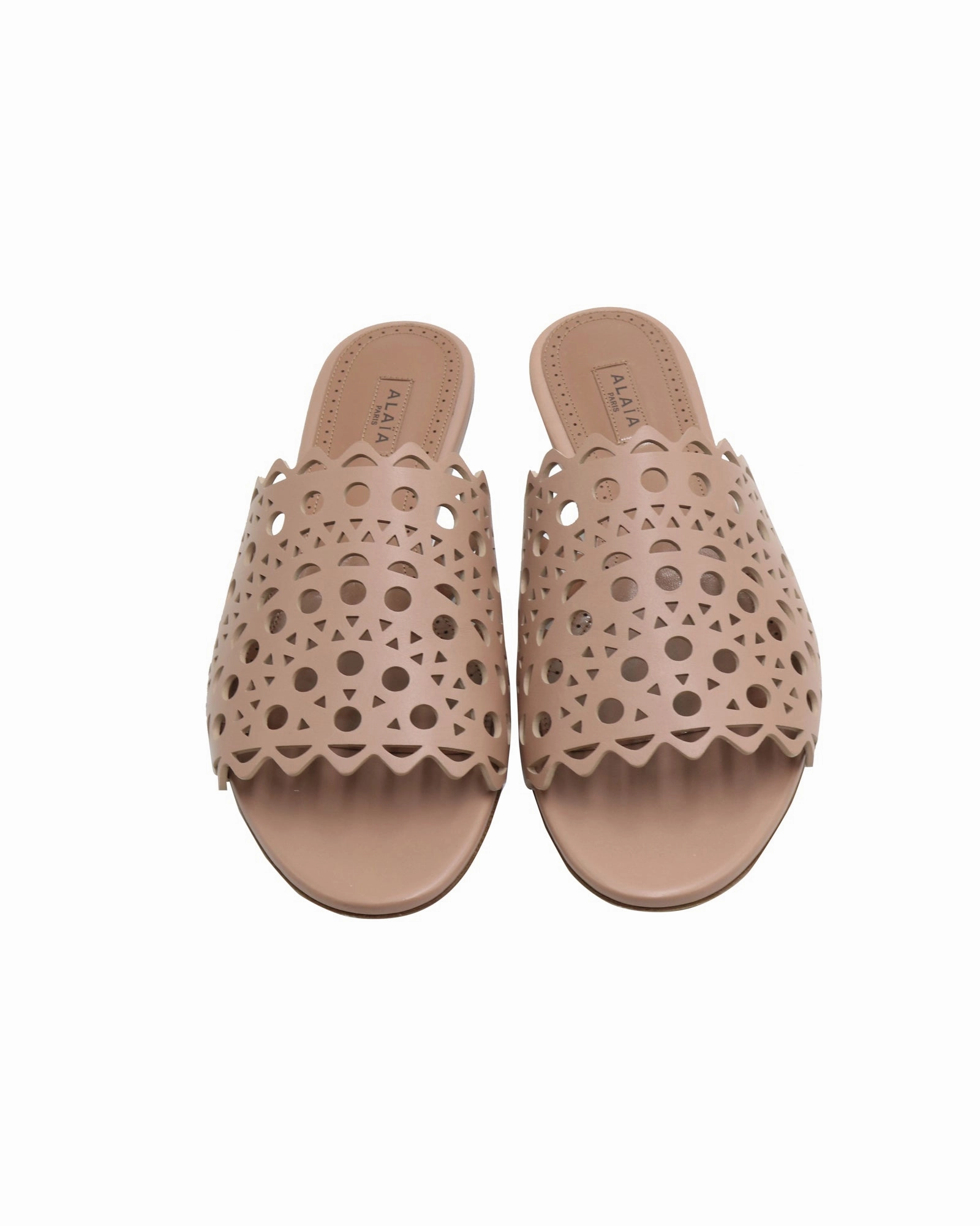Down Camp Slippers Alaia Laser-Cut Slides in Beige Calfskin Leather