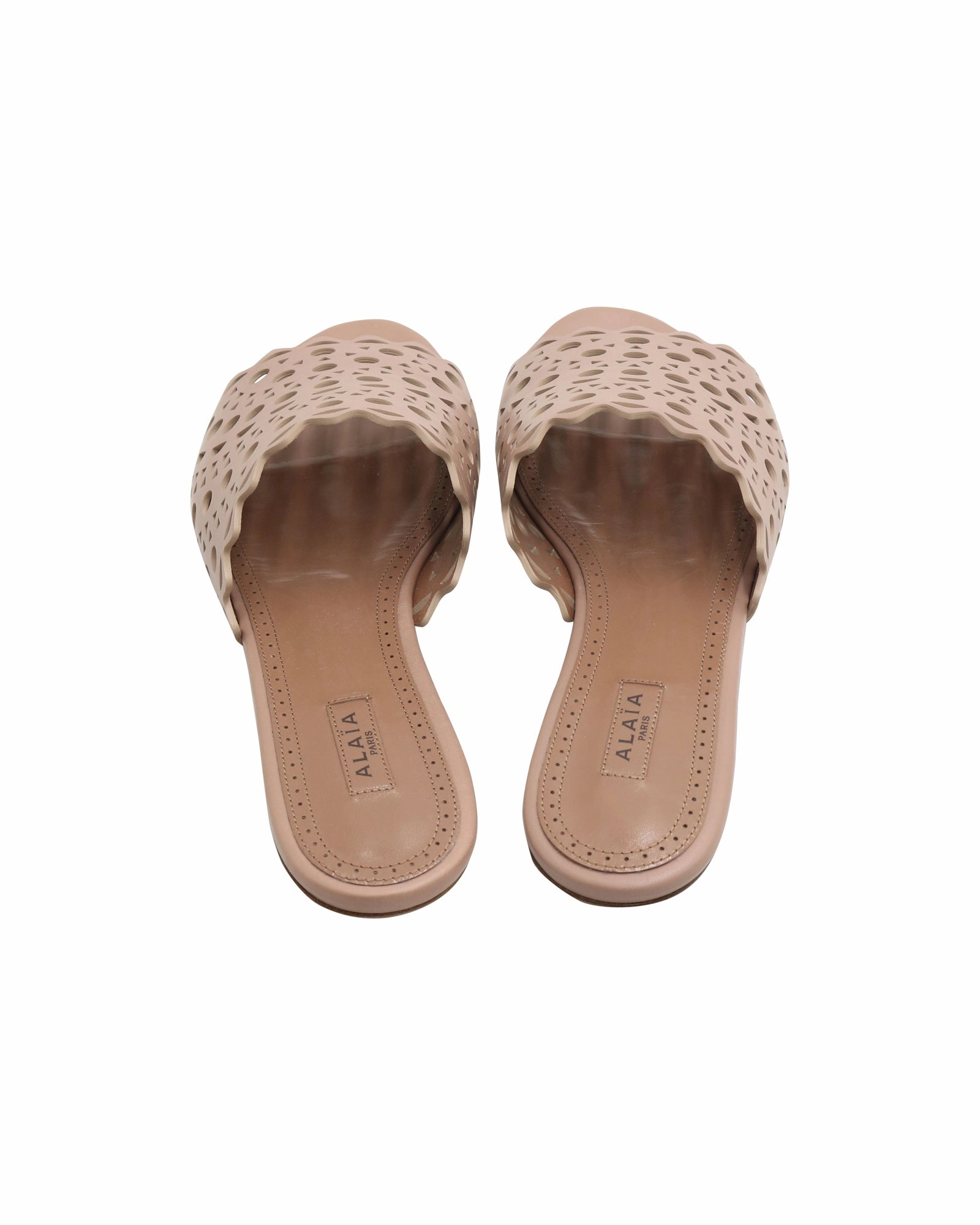 Means Slippers Alaia Laser-Cut Slides in Beige Calfskin Leather