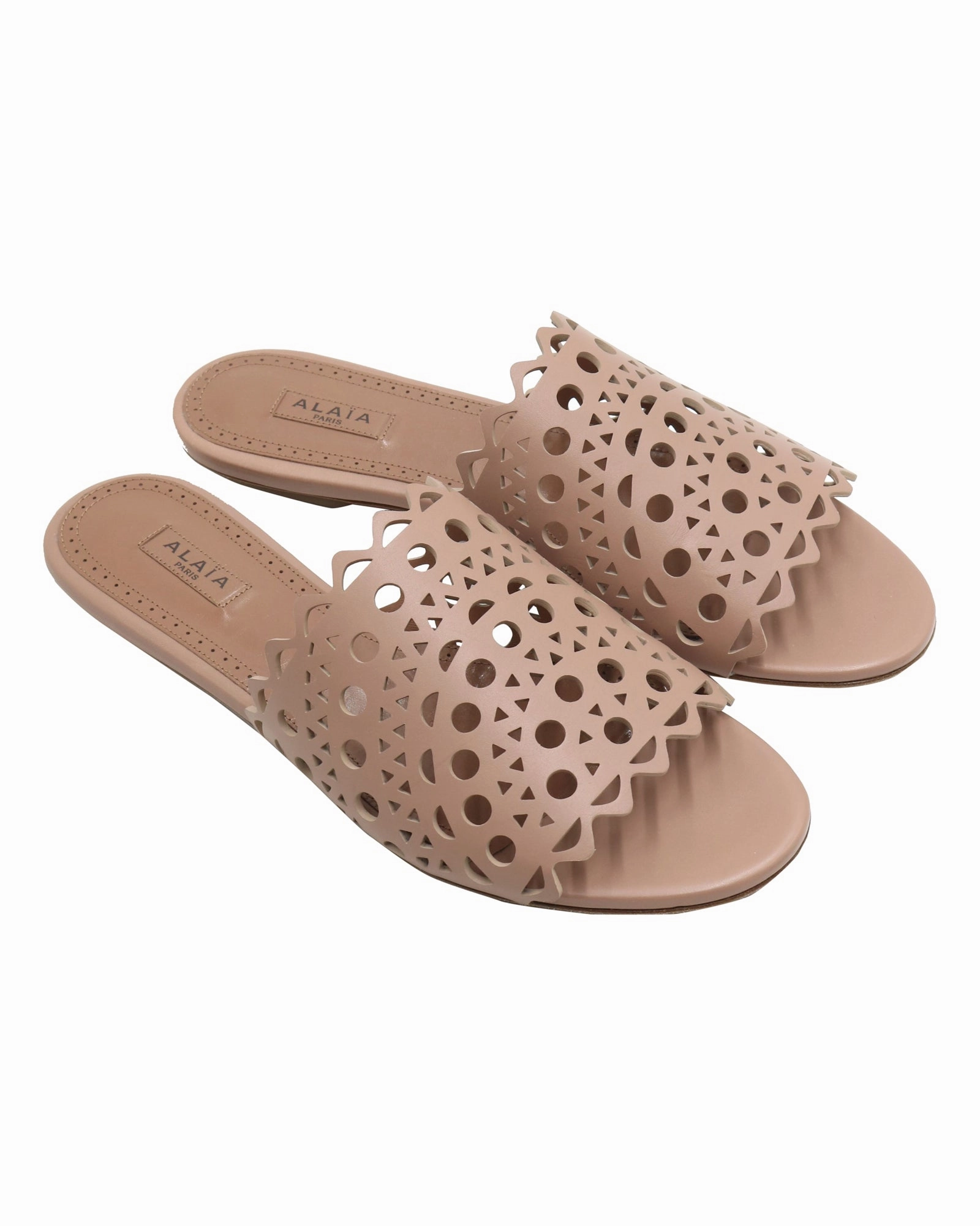 Alaia Laser-Cut Slides in Beige Calfskin Leather Slippers Fuzzy