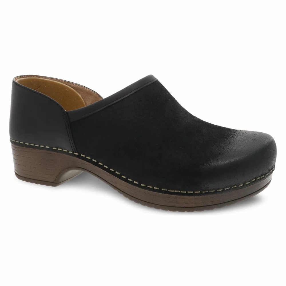 Dansko Brenna Black Burnished Suede Clog (Women's) Clogs In Fashion