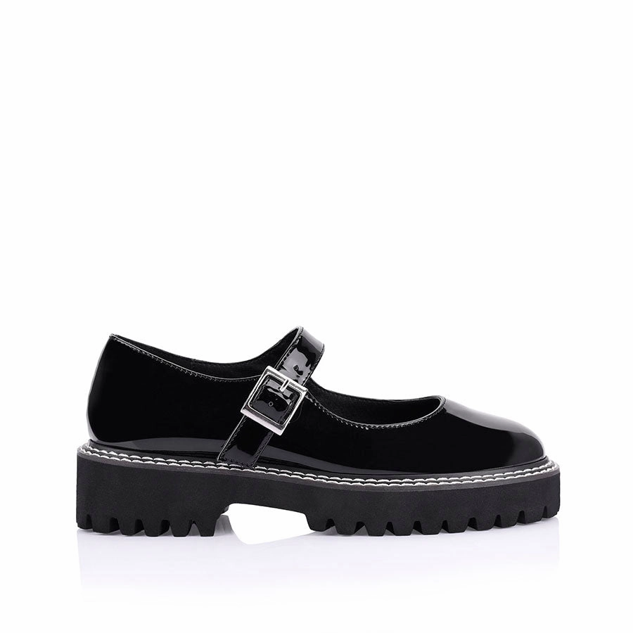 Flat Sole Brogues Nene Chunky Mary Jane Loafers - Black Patent