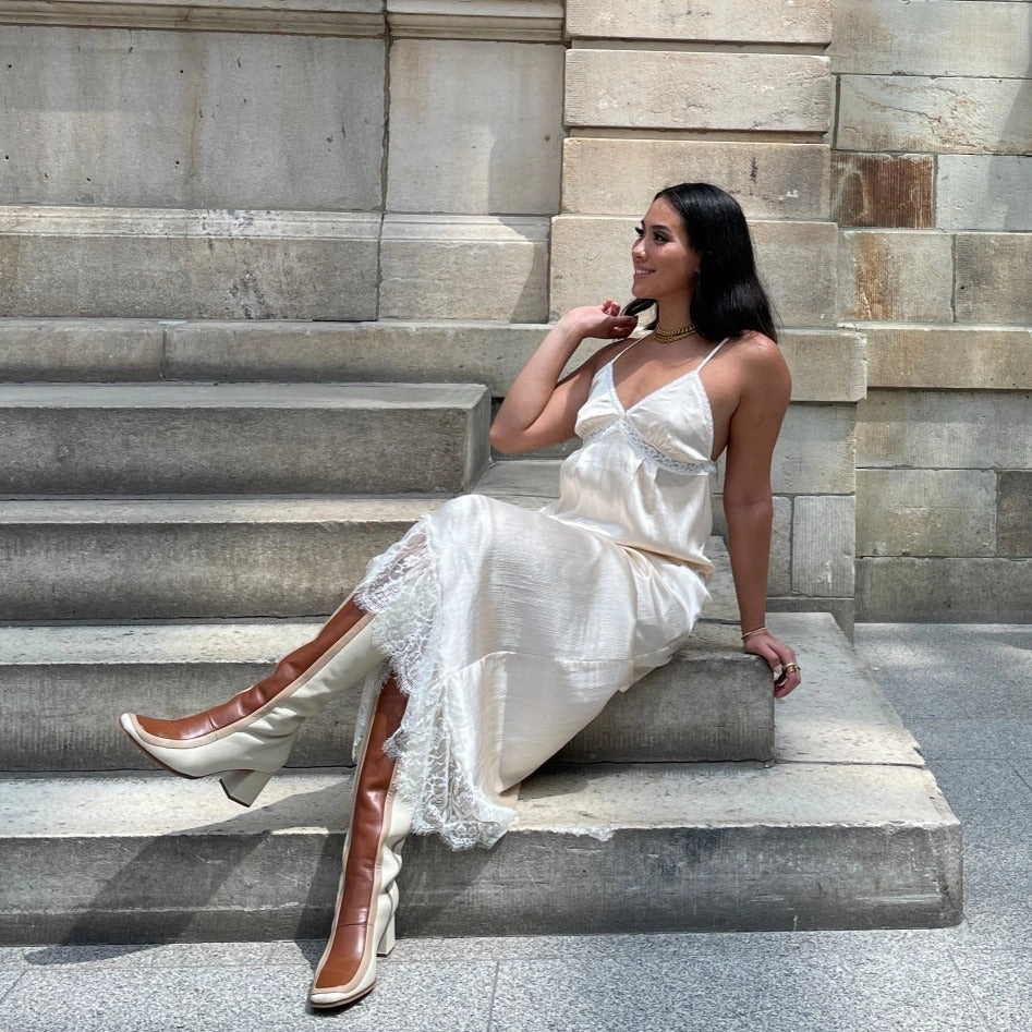 Revival knee high boots in off white & brown leather womens shoes High Knee Boots Fashion