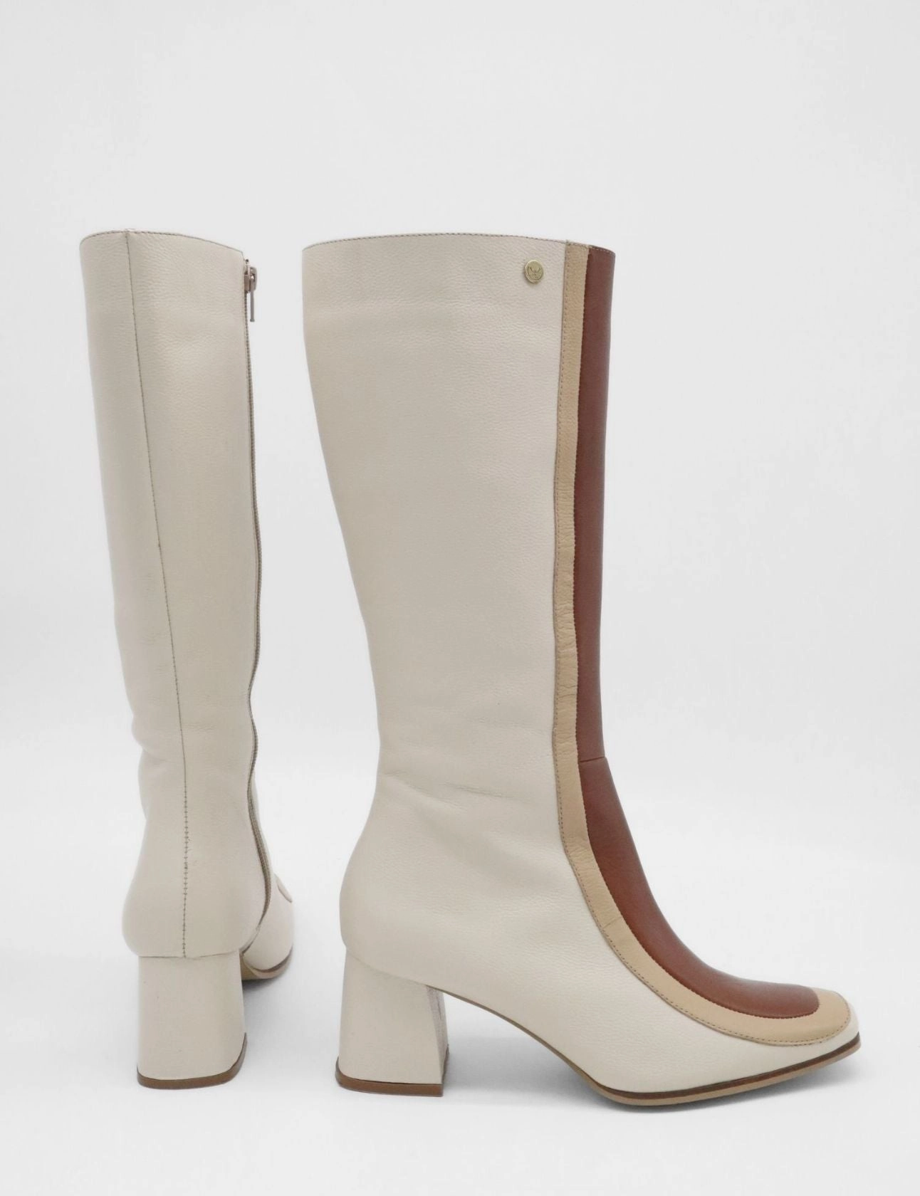 Revival knee high boots in off white & brown leather womens shoes Chunky Knee High Boots