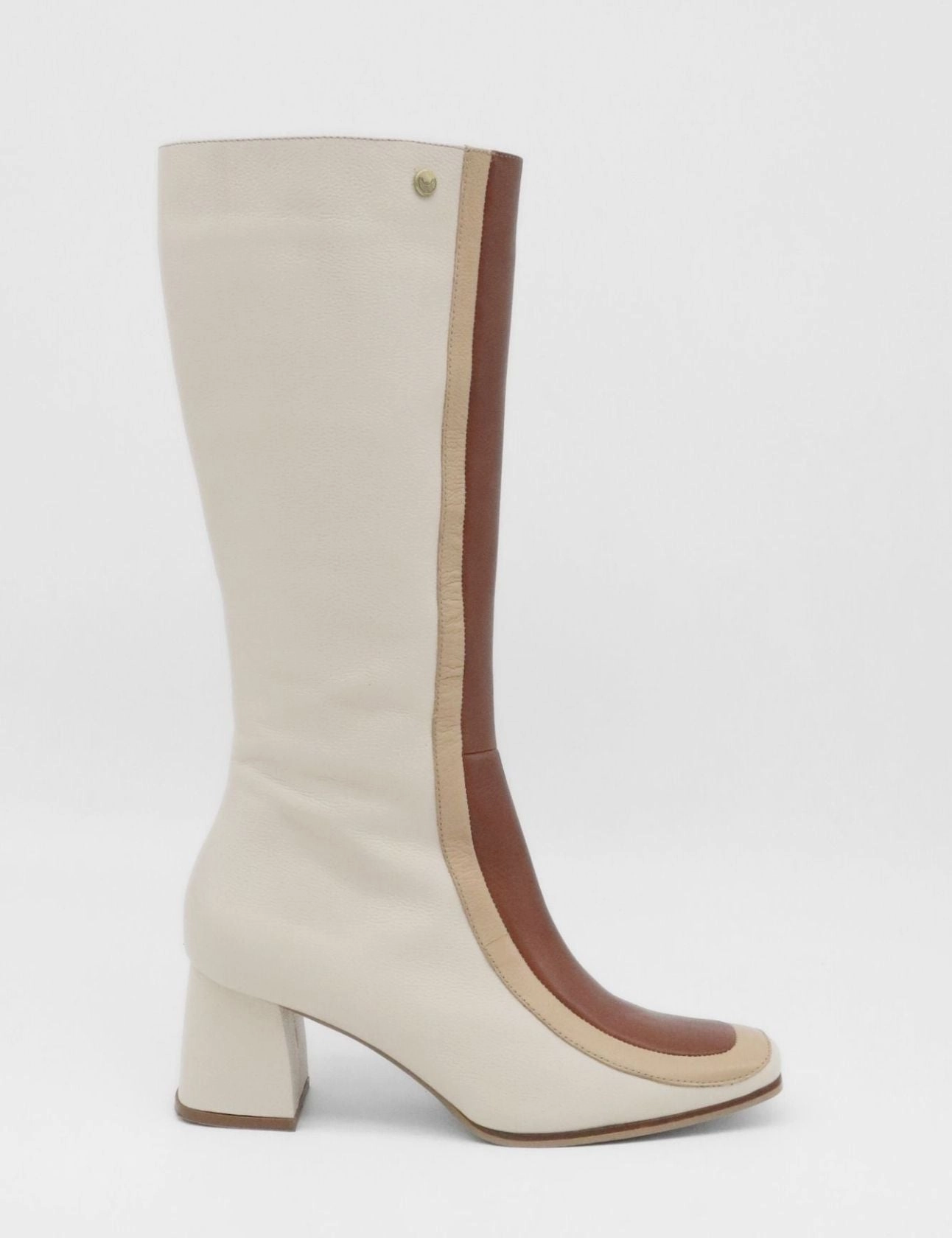 Revival knee high boots in off white & brown leather womens shoes Knee High Block Heel Leather Boots