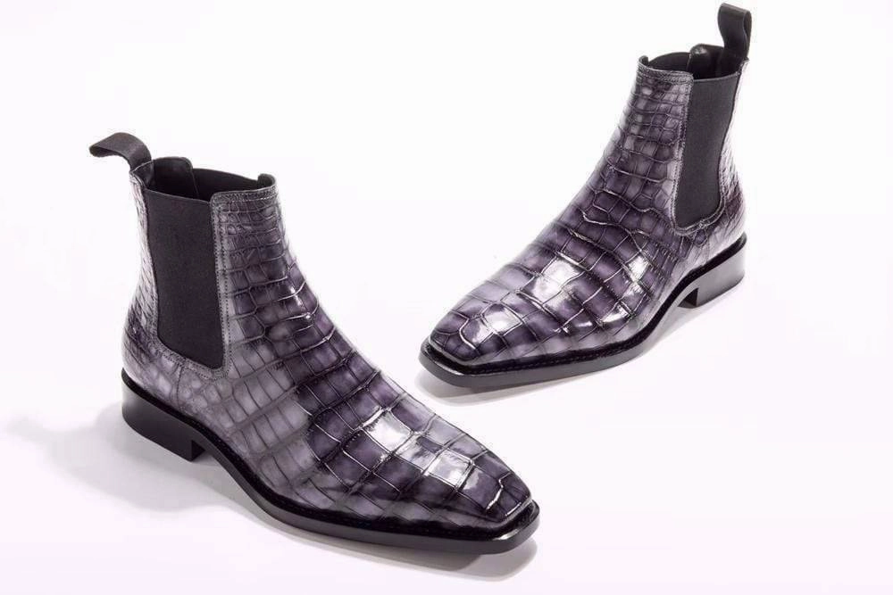Crocodile Shoes Mens  Vintage Grey Crocodile Leather Ankle Dress Chelsea Boots Doc Marten Chelsea Boots Mens