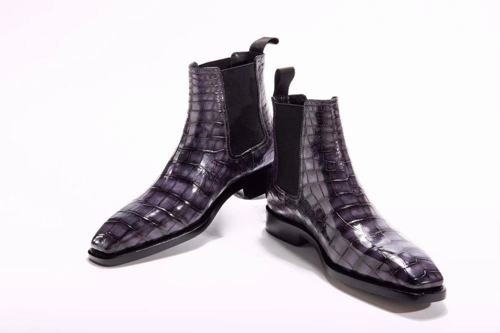 Orthotic Chelsea Boots Crocodile Shoes Mens  Vintage Grey Crocodile Leather Ankle Dress Chelsea Boots