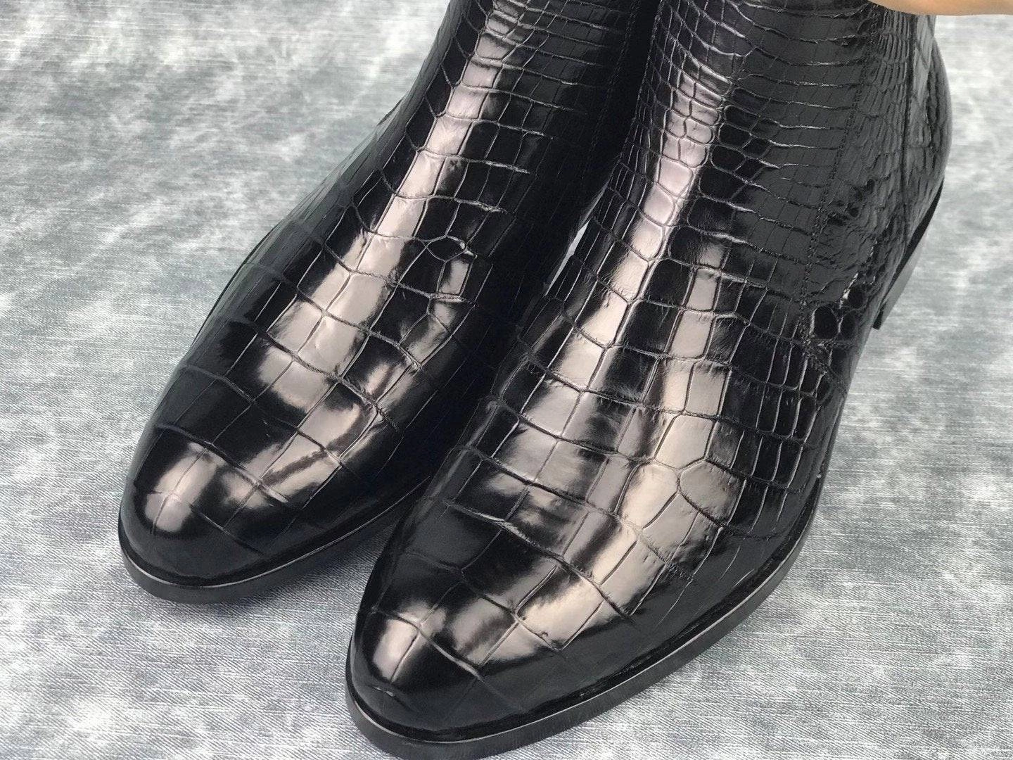 Crocodile Shoes Men's Chelsea Shoes, Genuine Crocodile Skin Leather Ankle Boots, Mens Zipper Boots Commando Chelsea Boots