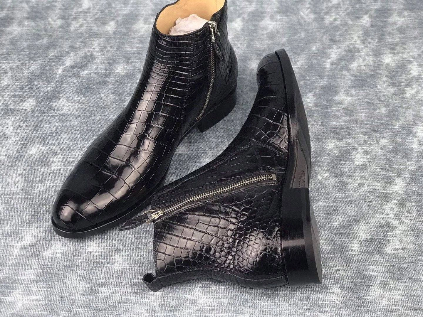 Chelsea Boots Slim Fit Crocodile Shoes Men's Chelsea Shoes, Genuine Crocodile Skin Leather Ankle Boots, Mens Zipper Boots