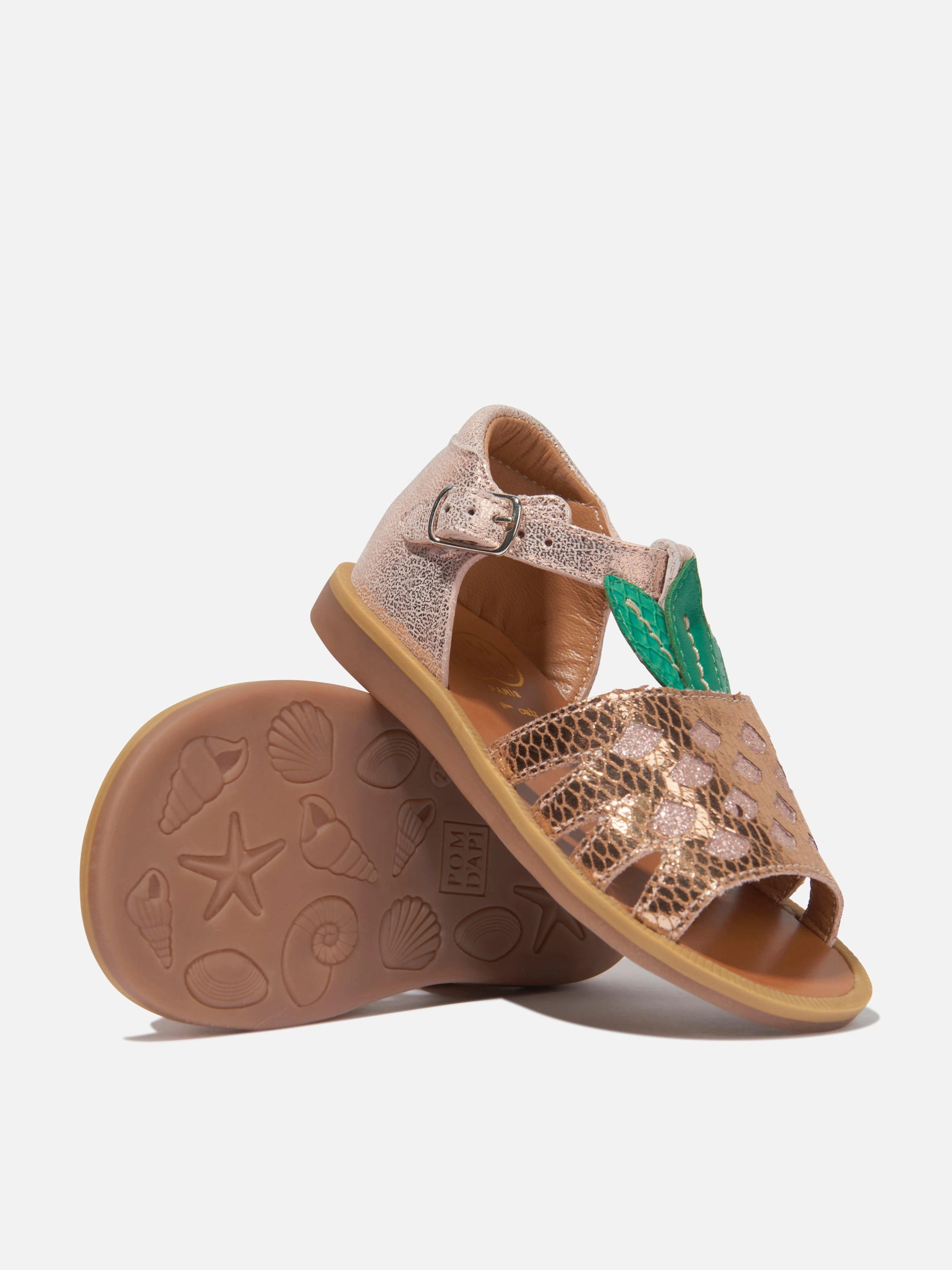 2 Inch Heels Sandals Shoes Pom D'Api Girls Leather Poppy Pineapple Sandals in Pink