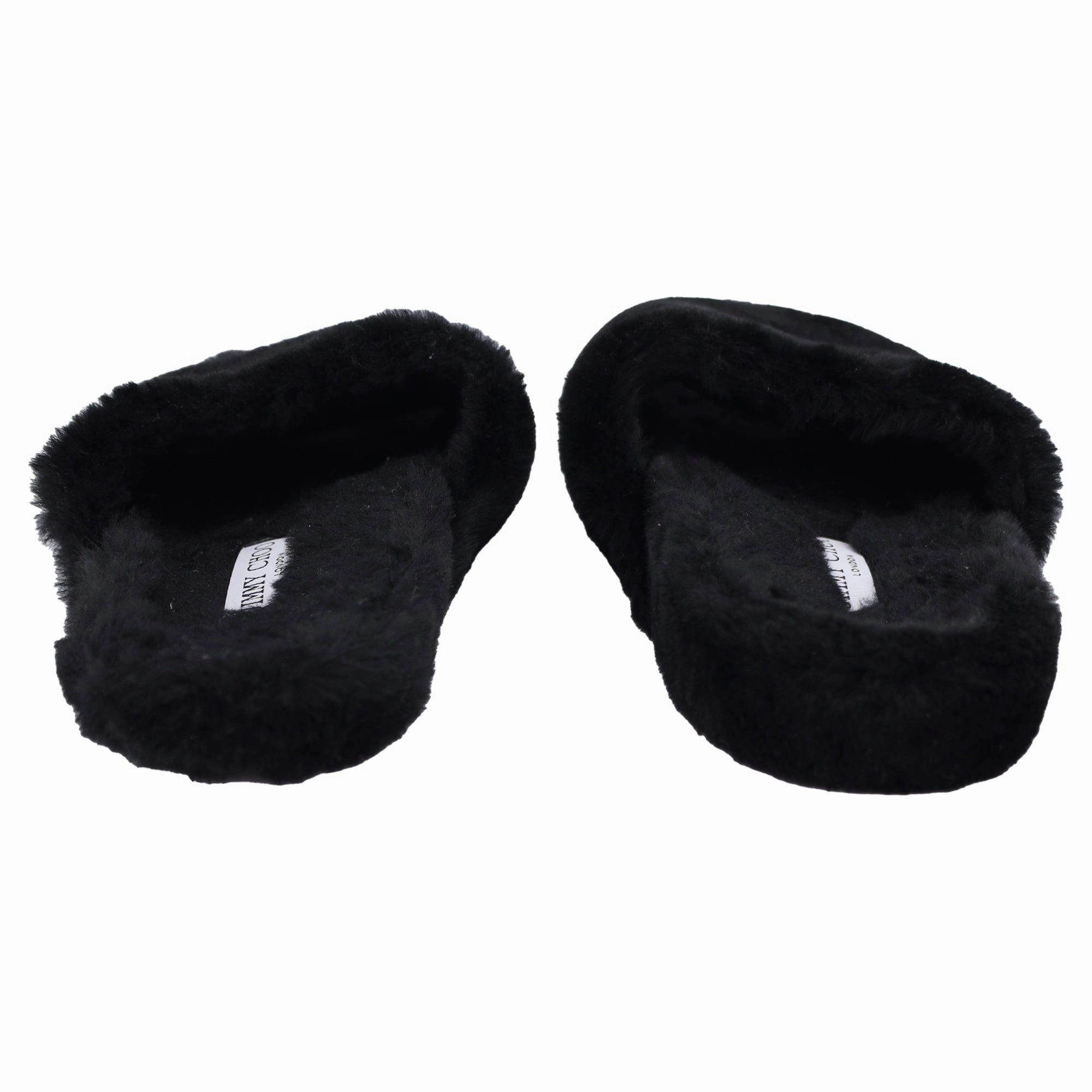 Grateful Slippers Jimmy Choo Acinda Shearling Crystal-Trimmed Slides in Black Nylon