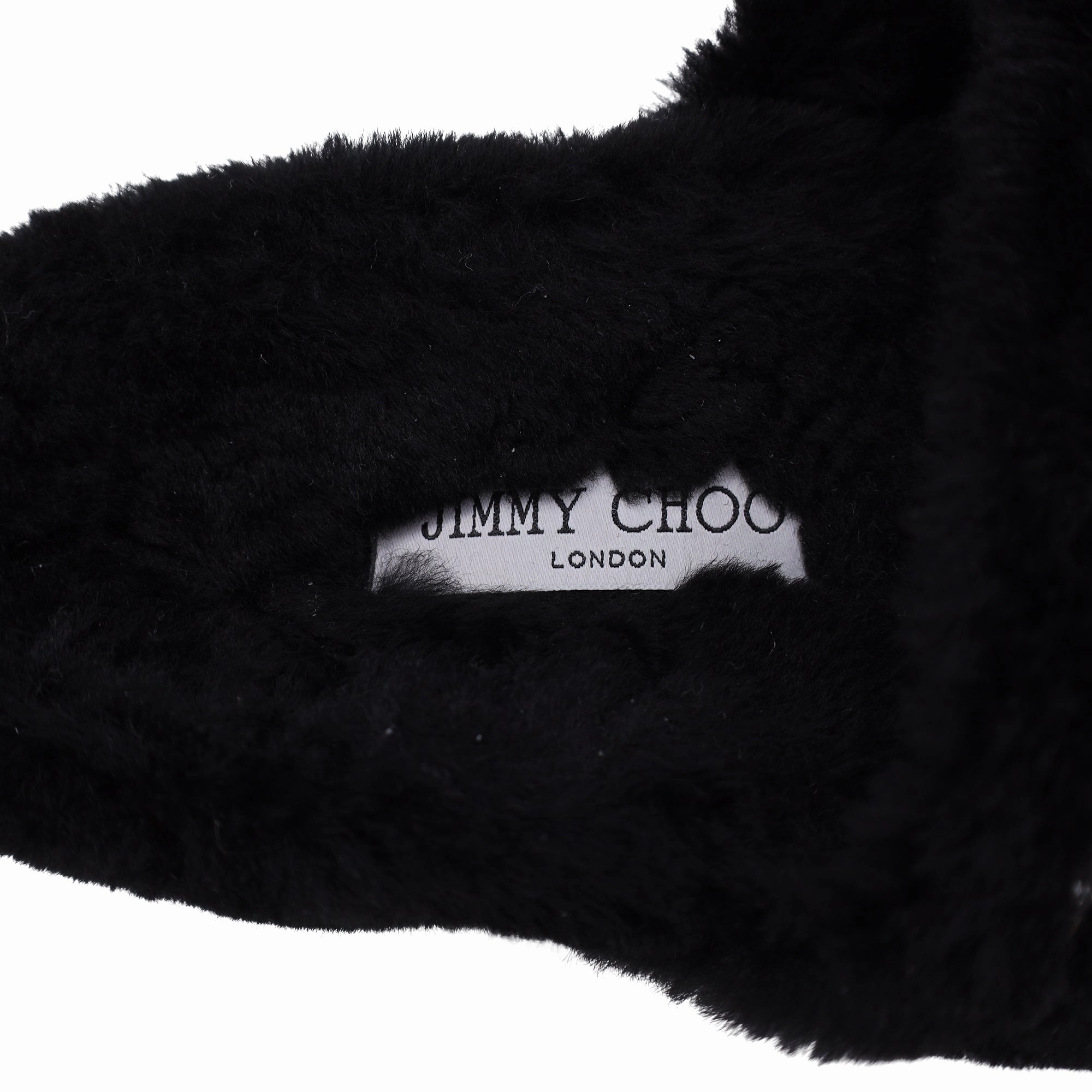 Jimmy Choo Acinda Shearling Crystal-Trimmed Slides in Black Nylon God Slippers