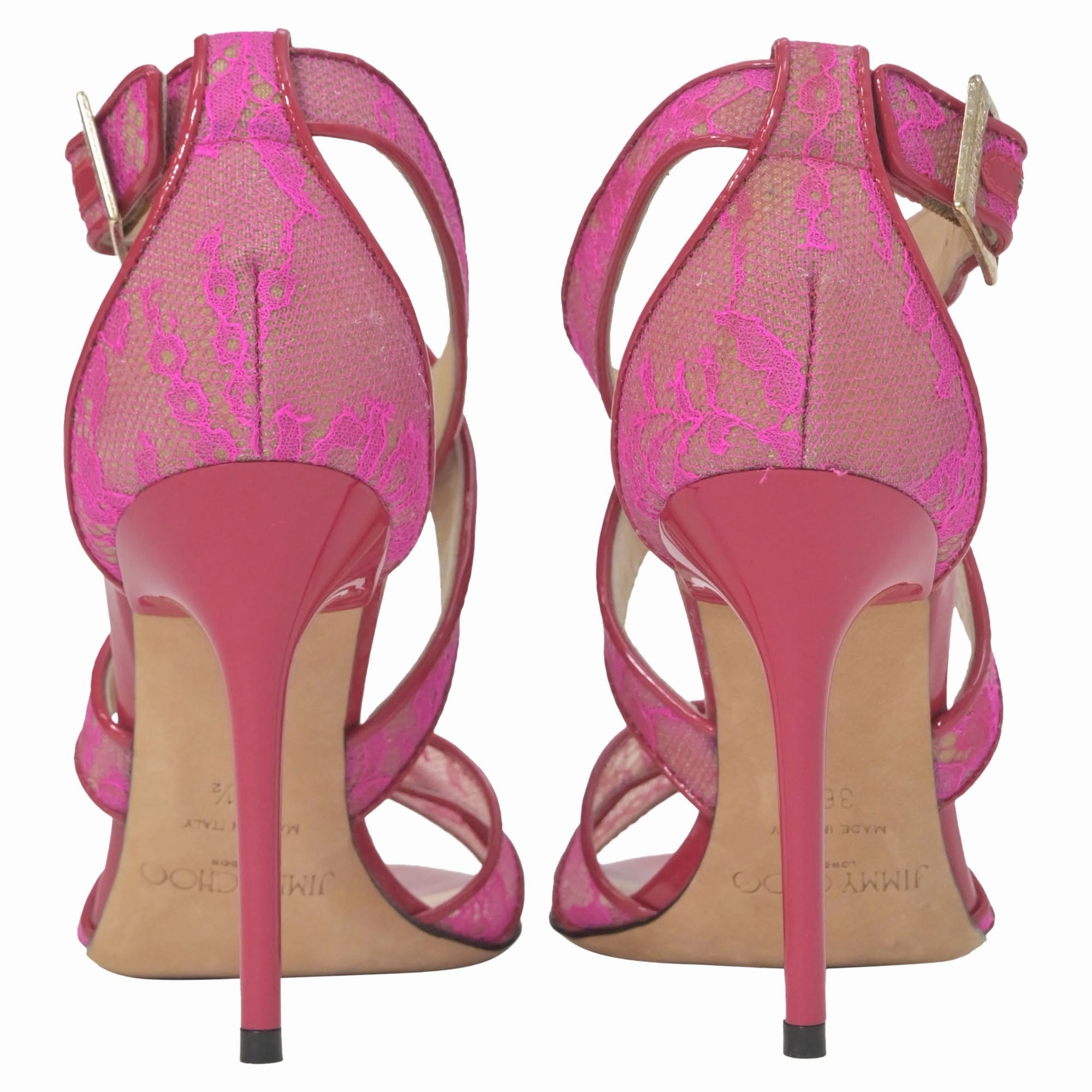Jimmy Choo Lottie Lace Detail Strappy Heels in Pink Leather Vine High Heels