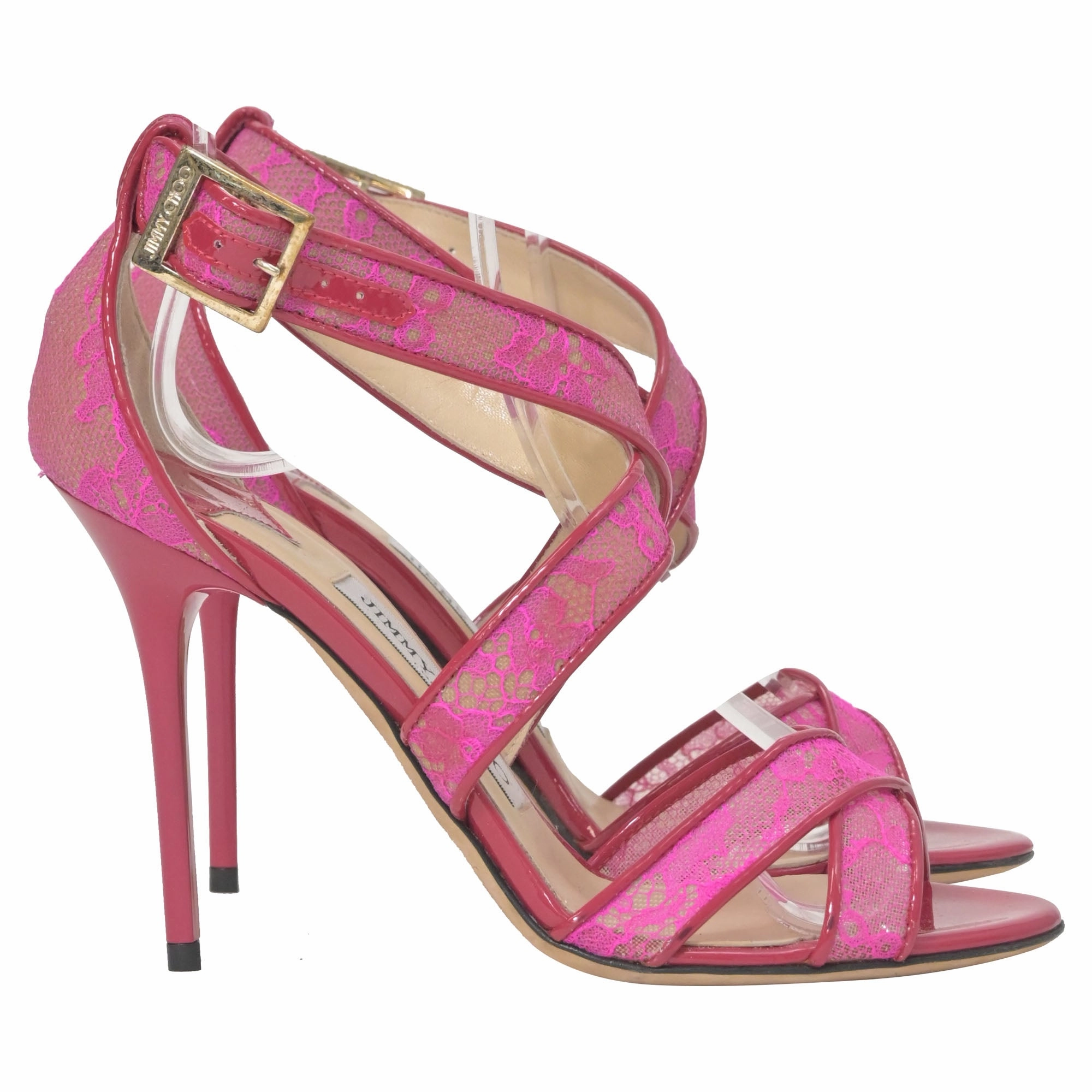 Jimmy Choo Lottie Lace Detail Strappy Heels in Pink Leather High Heels On My Tippies