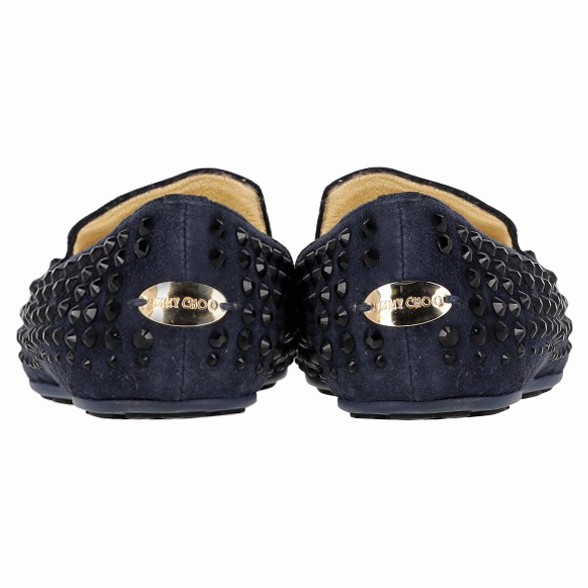 Almond Toe Loafers Jimmy Choo Studded Loafers in Navy Blue Suede
