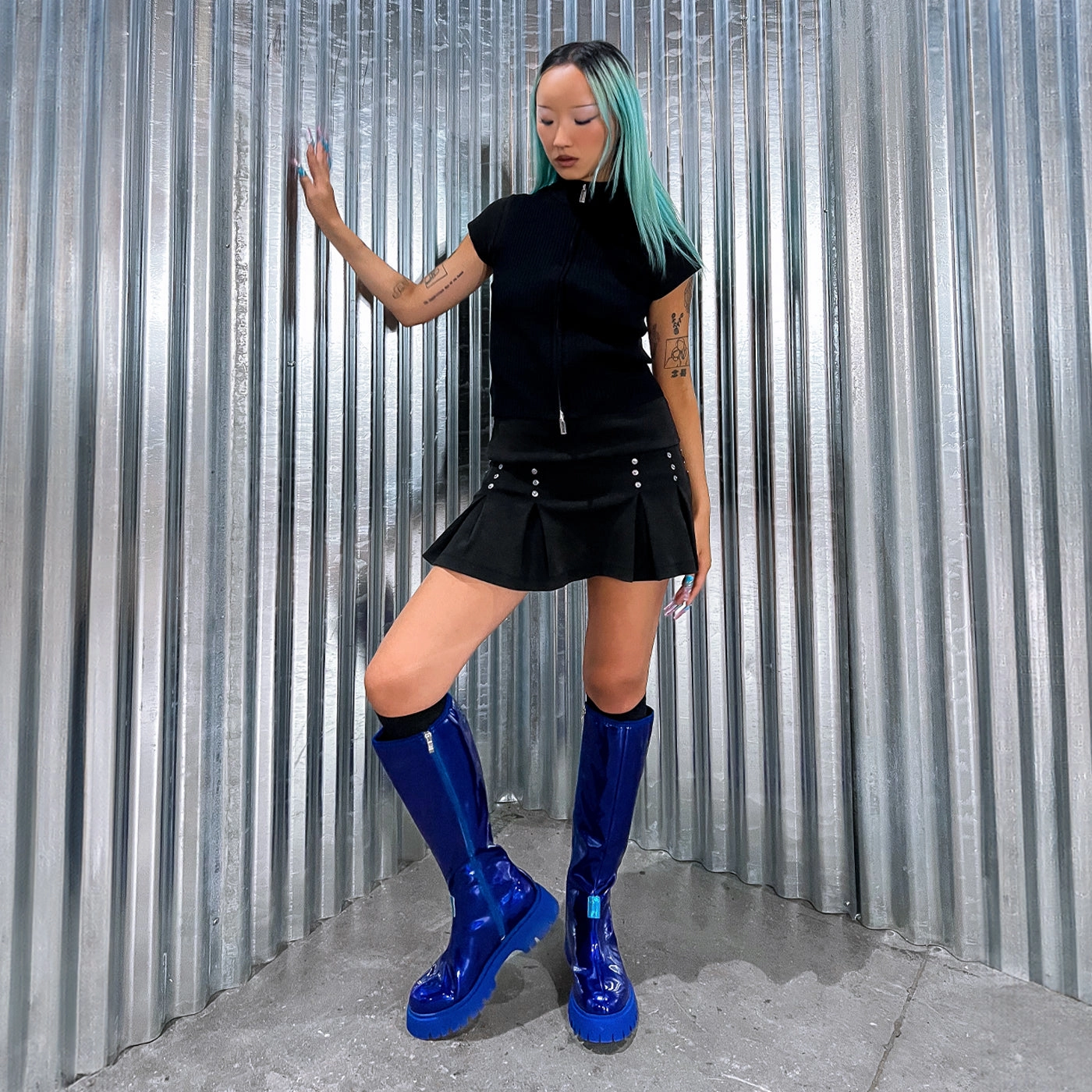 KAITO Polished Long Boots - Blue Glitter Boots Knee High