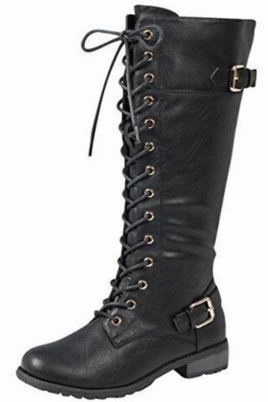 Knee Leather High Boots Knee High Buckled Combat Boots