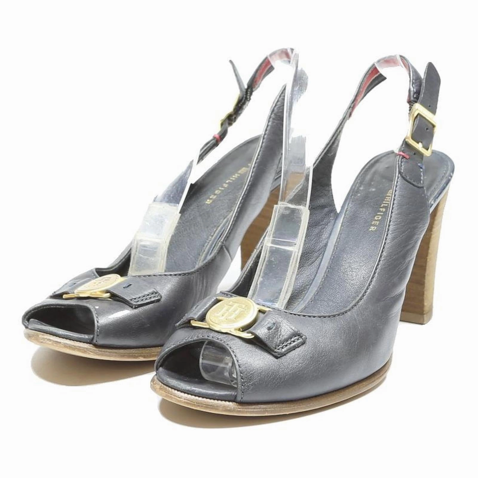 TOMMY HILFIGER Womens Leather Strappy Slingback Black UK 5 Buckle Detail Heels Spectator Heels