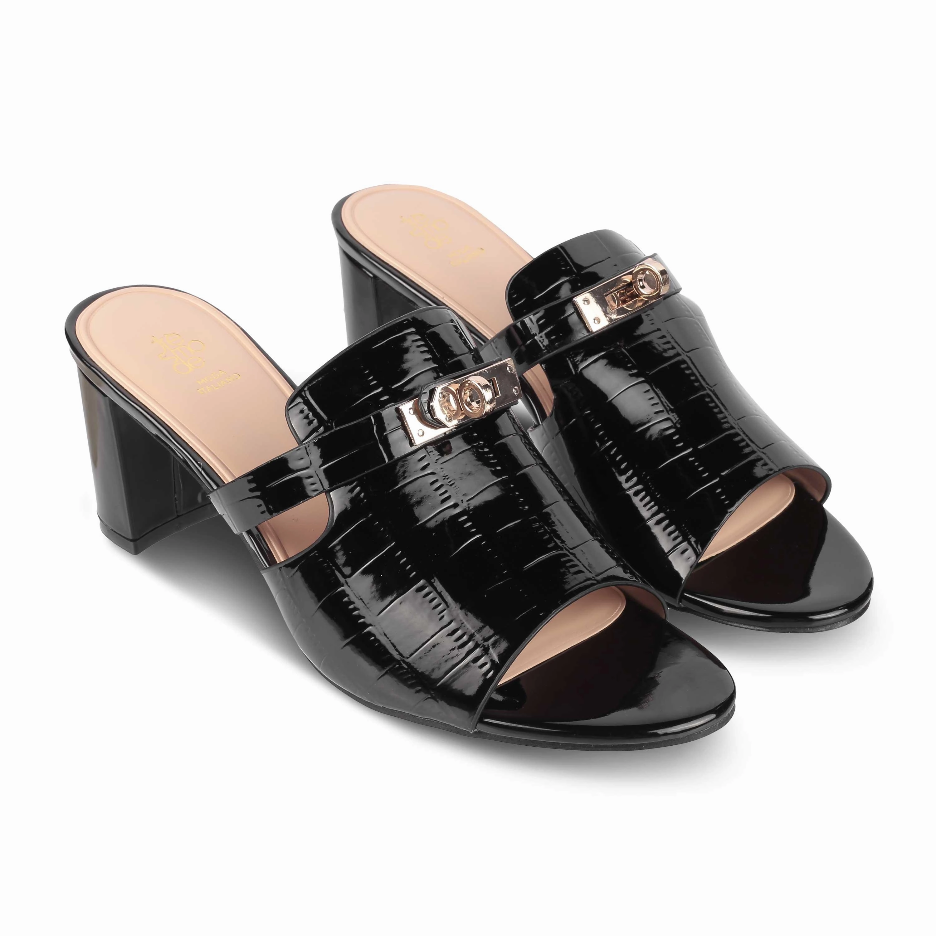 Tresmode Nic Black Women's Dress Block Heel Sandals Canvas Sandals