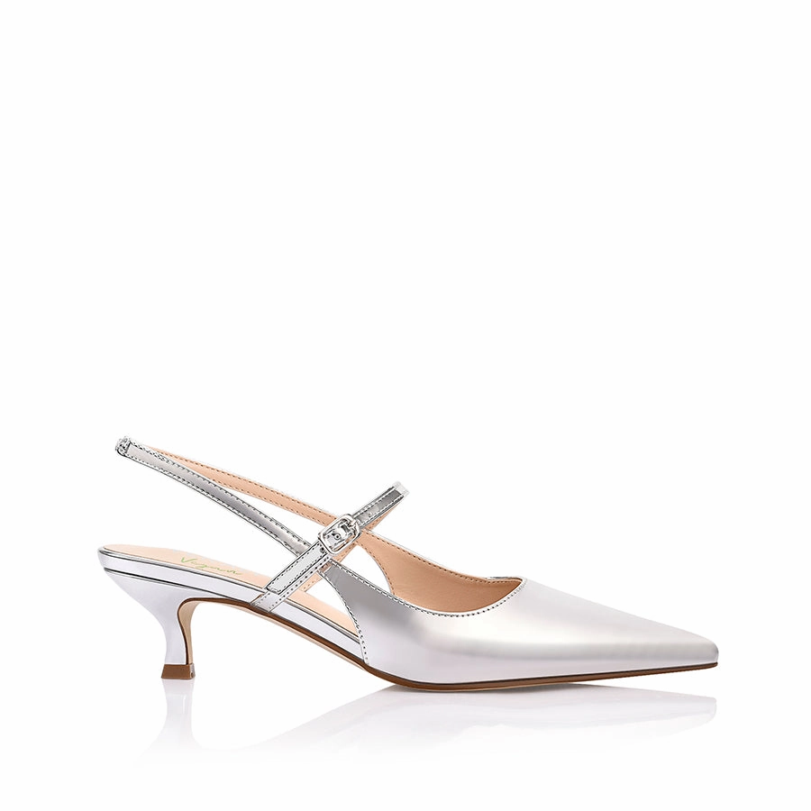 High Heels On My Tippies Luce Slingback Kitten Heels - Silver Mirror