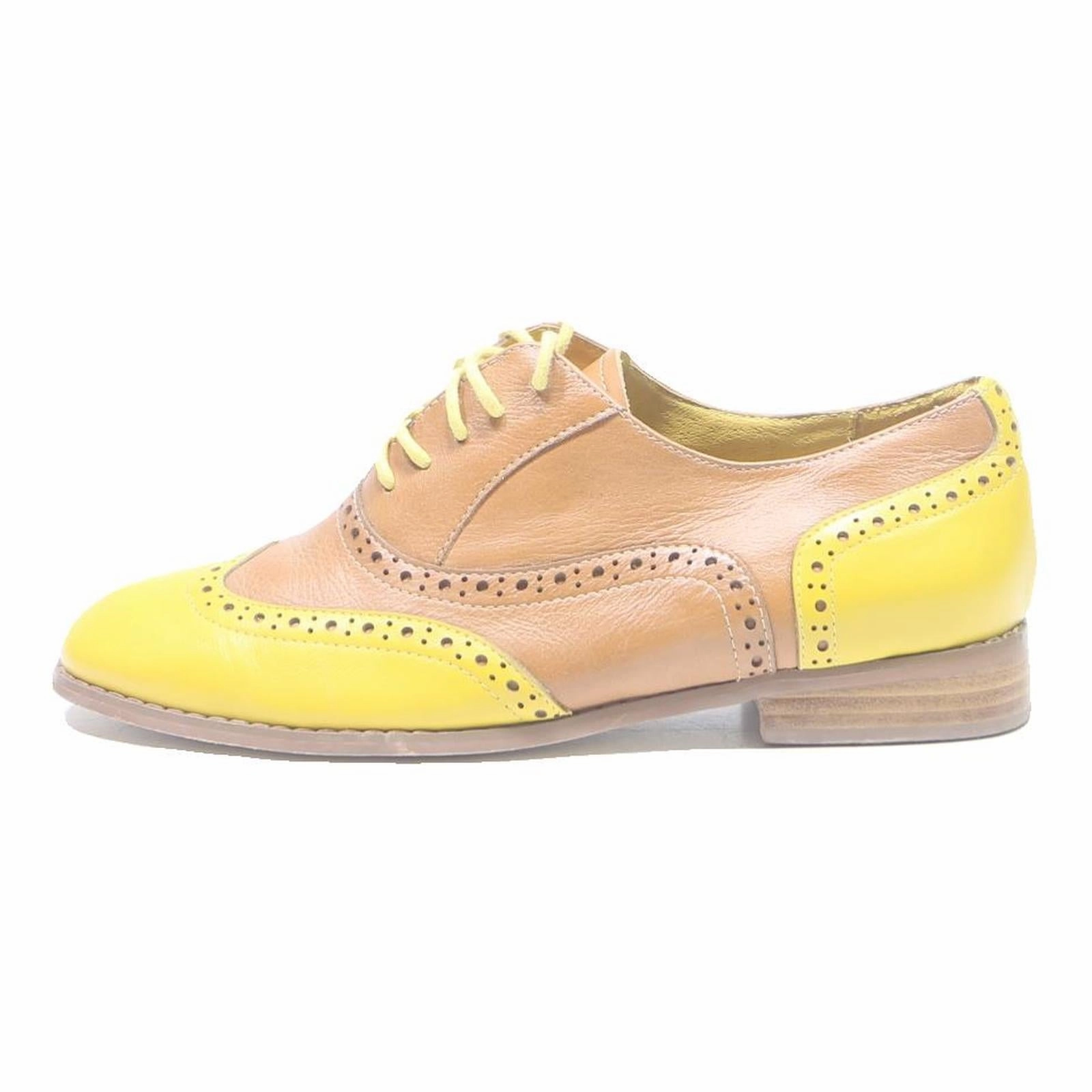 501 Jeans With Brogues MI PIACI Womens Brogue Leather Beige & Yellow Flat Shoes UK 4.5 Stylish