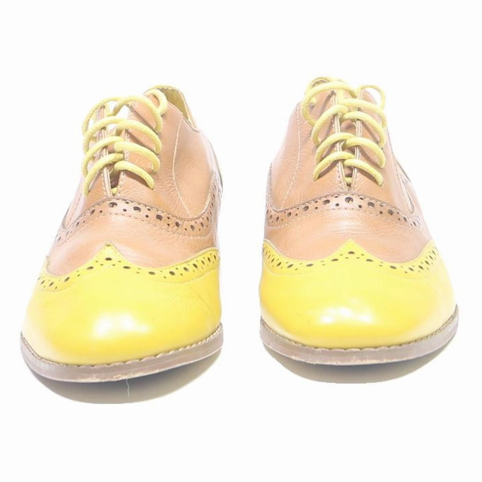 MI PIACI Womens Brogue Leather Beige & Yellow Flat Shoes UK 4.5 Stylish Classic Brogue Shoes