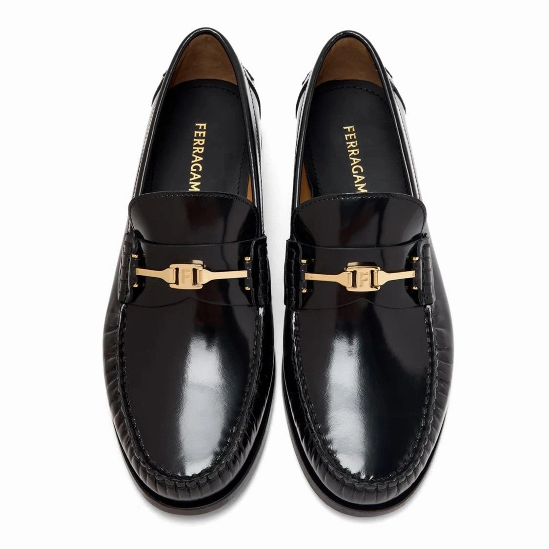 Polished Black Calf Leather Ferragamo Loafers Loafers Rubber Horsebit