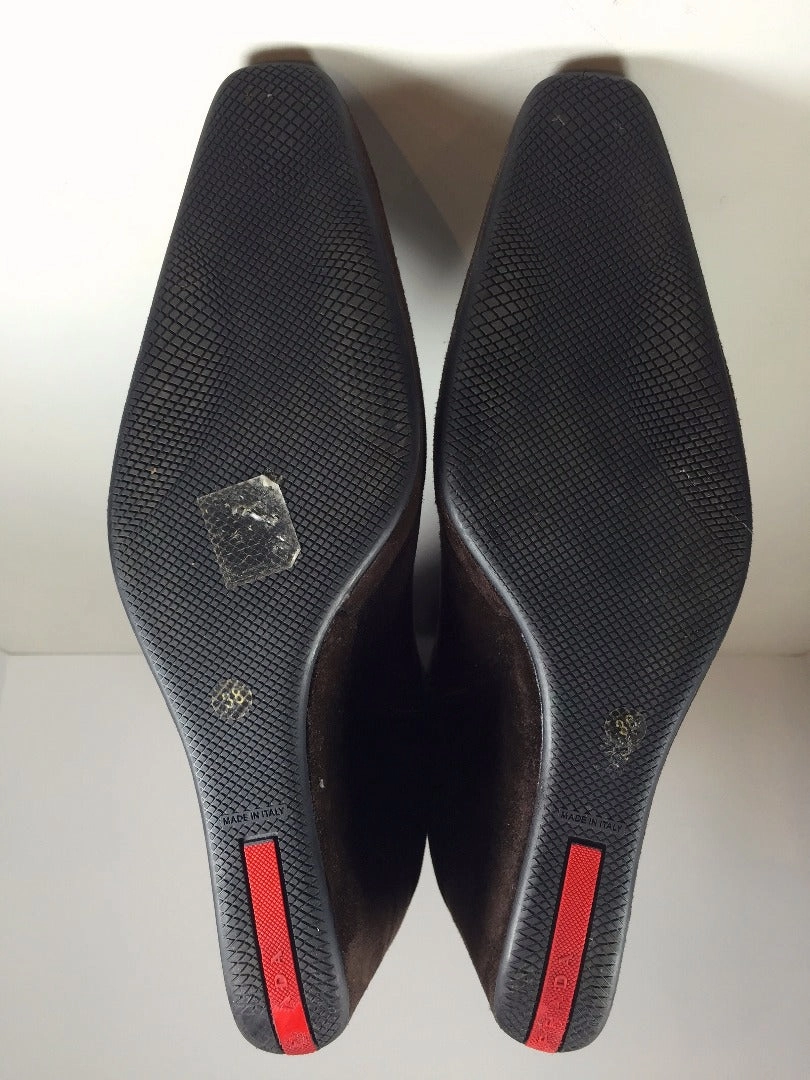 High Heel Knee High Boots Wide Calf PRADA Sport Brown Suede Knee High Boots w/ Wedge Heels Size 7.5