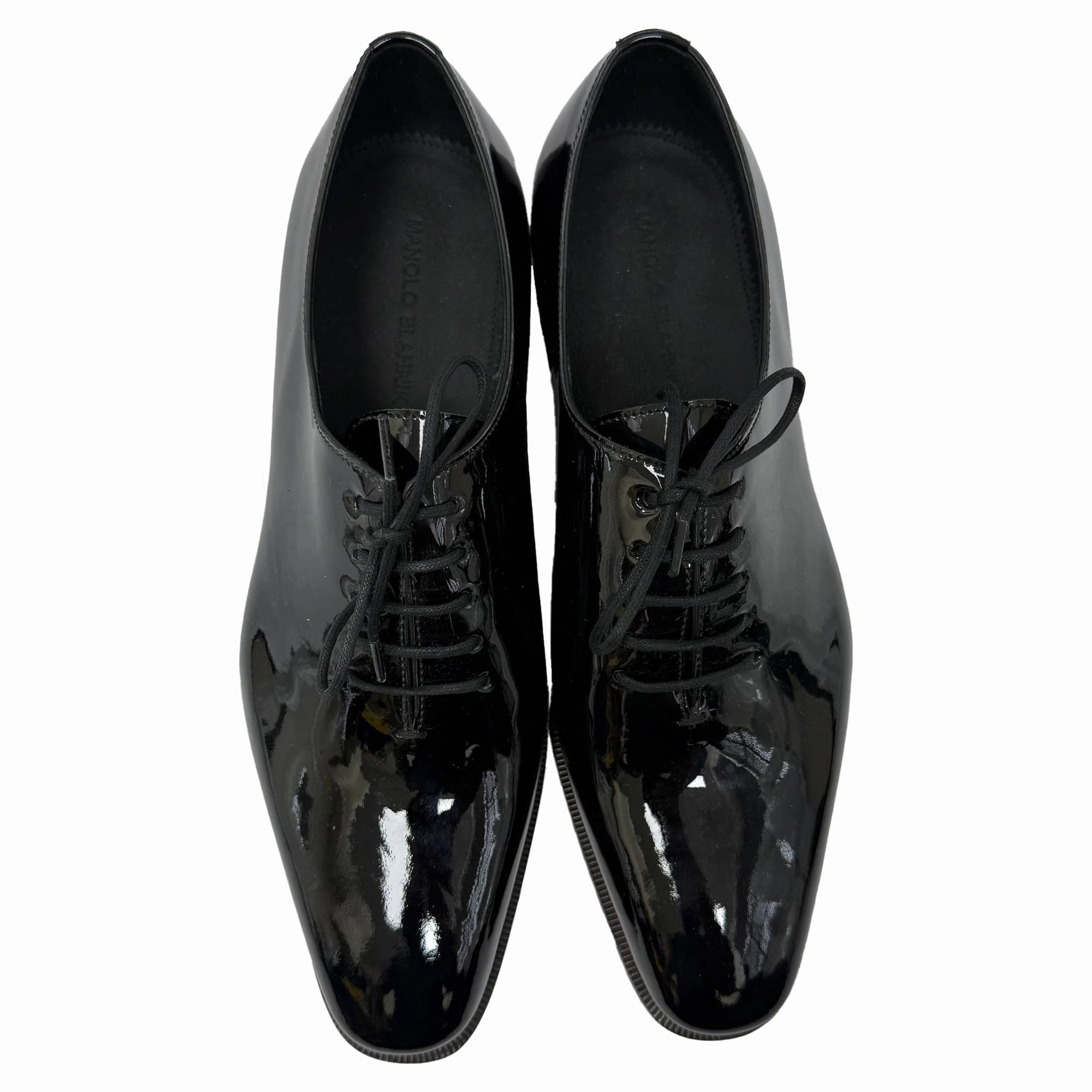 Manolo Blahnik Snowdon Whole-Cut Oxford Shoes in Black Patent Leather Oxfords Shoe