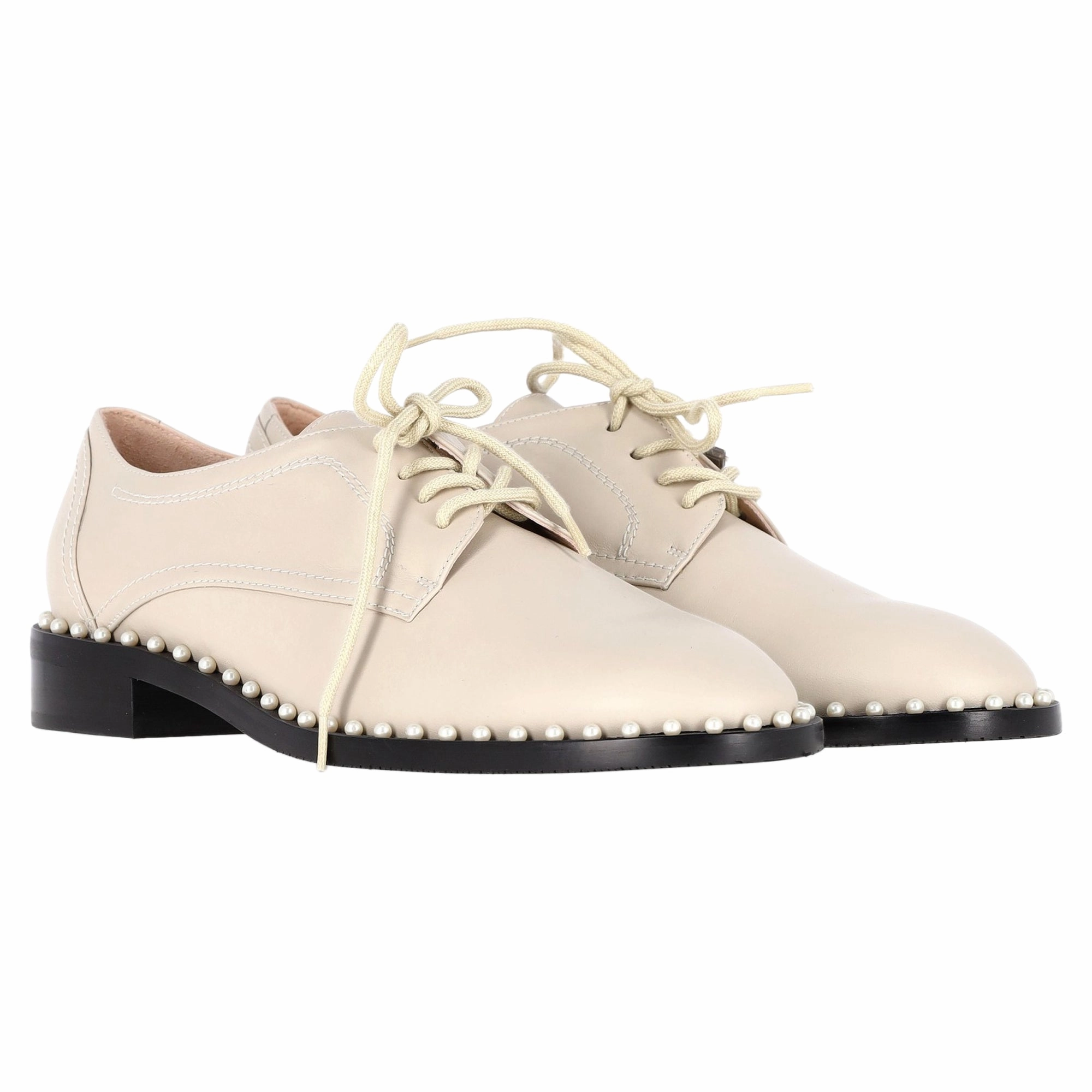 Stuart Weitzman Pearl Accent Brogues in Nude Leather Brogues Chunky