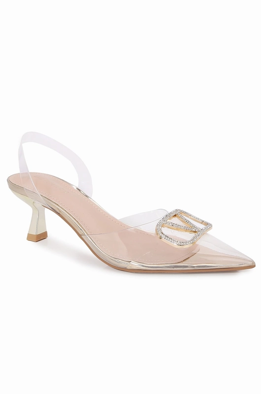 Thigh High Chunky Heel Boots Rhinestone Buckle Pointed-Toe Slingback Kitten Heels