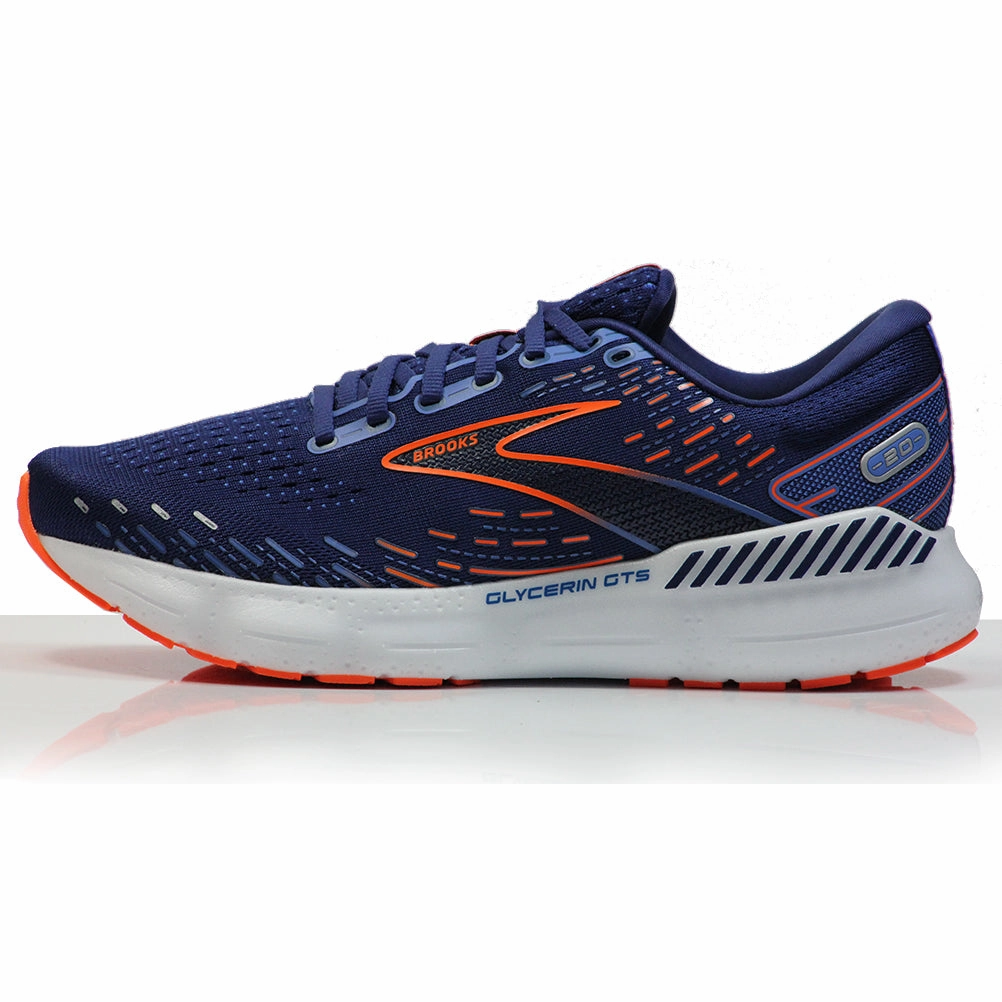 Nyc Running Shoe Store Gait Analysis Berlin Marathon Training Brooks Glycerin GTS 20 Men's 2E Wide Fit Running Shoe - Blue Depths/Palace Blue/Orange