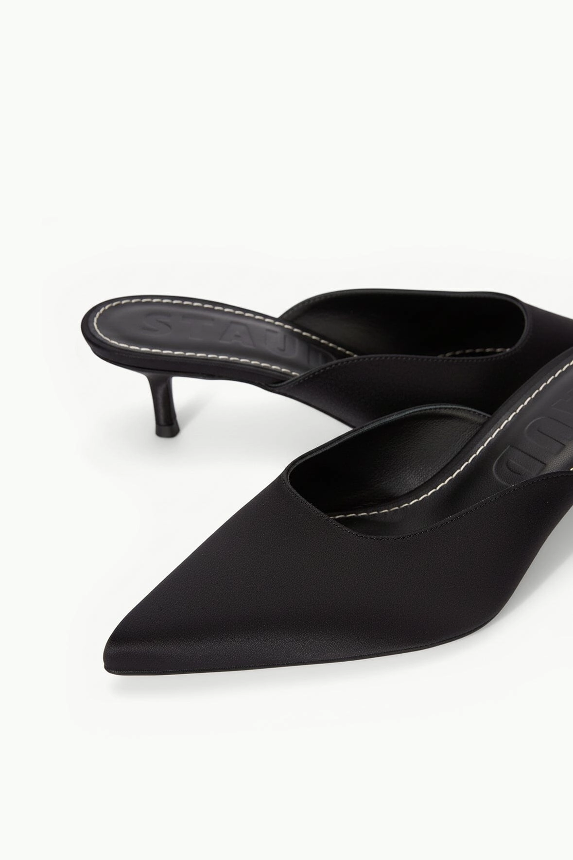 SEBASTIAN KITTEN HEEL MULE | BLACK SATIN Heels High Sandals