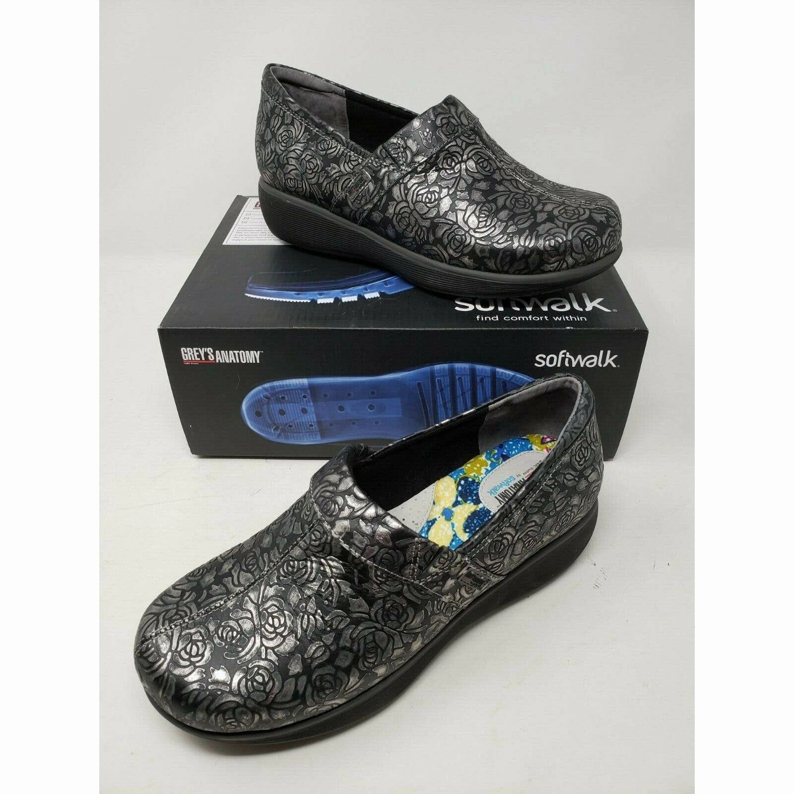 Cooking Clogs SoftWalk Grey's Anatomy Meredith Black Metallic Leather Clogs Shoes Women's 7 M