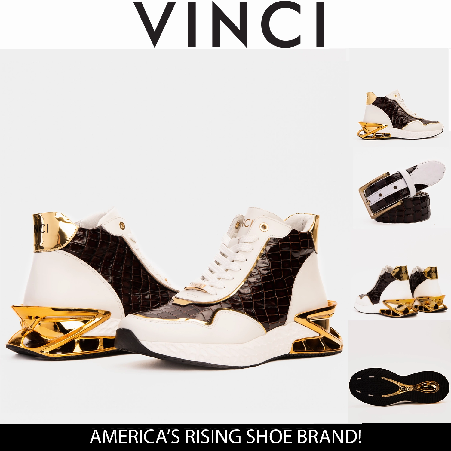 Bellagio White & Gold Leather High-Top Men Sneaker Dr Dress Boots